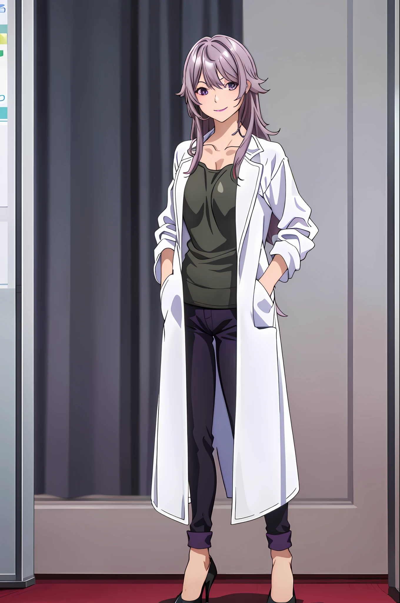 masterpiece, best quality, SawadaV4, 1girl, solo, looking at the viewer, smile, shirt, neckline, standing, cowboy shot, in class, purple eyes, pants, black shoes, high heels, ((hands in pocket)), black pants, lab coat,