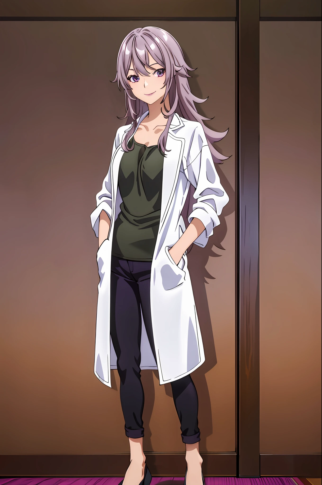 masterpiece, best quality, SawadaV4, 1girl, solo, looking at the viewer, smile, shirt, neckline, standing, cowboy shot, in class, purple eyes, pants, black shoes, high heels, ((hands in pocket)), black pants, lab coat,