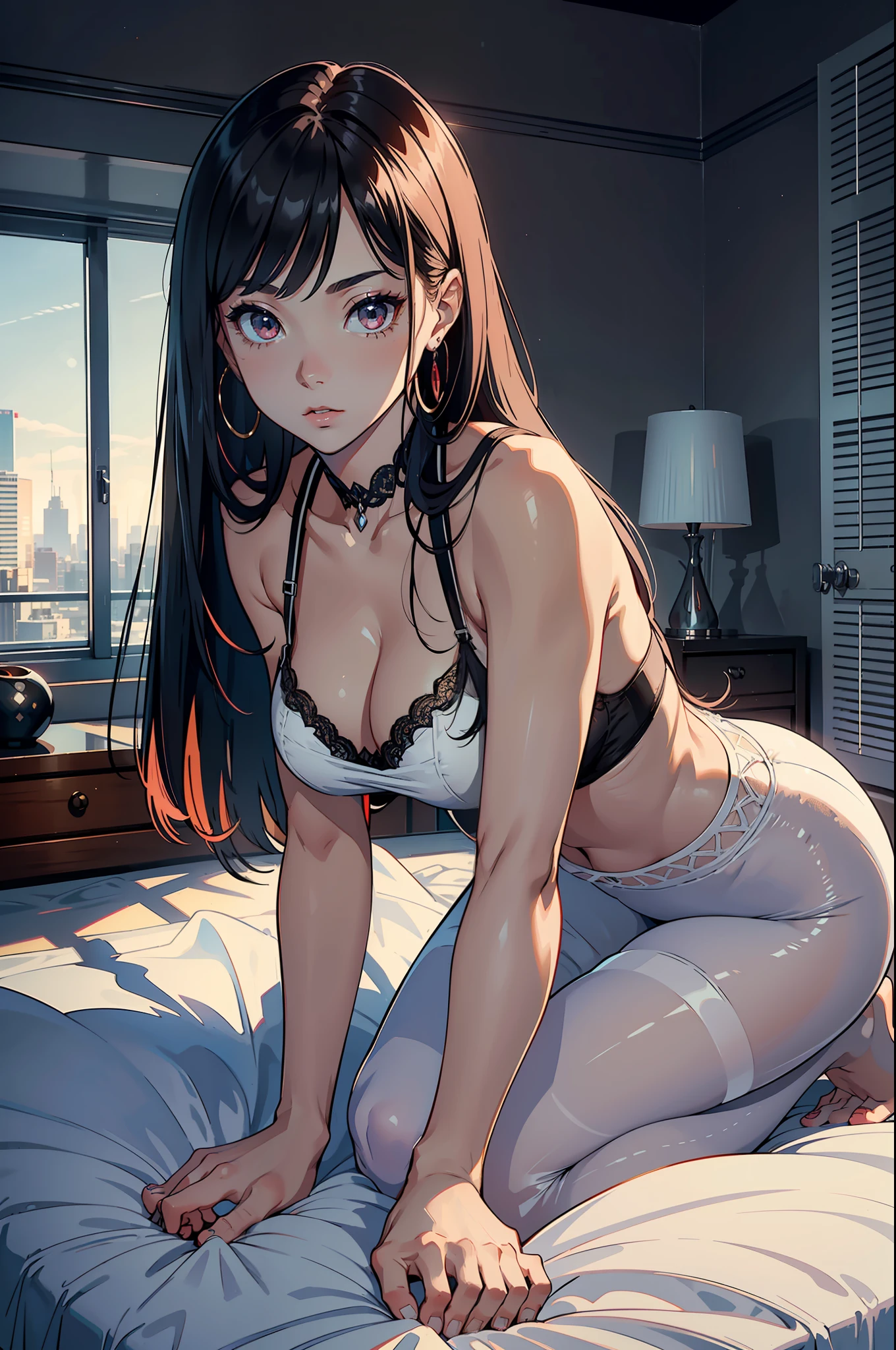 Best quality, 8k, Masterpiece: 1.3)), sharp focus: 1.2, beautiful woman with perfect figure: 1.4, slim belly: 1.2, ((layered hairstyle, room: 1.2)), (black lace bra), (transparent white shirt), (big breasts, large and beautiful hard), (thin waist, upturned hips, a little fitness marks, vest line), (white high-waisted tights), (black transparent pantyhose), (hotel room, in bed, city outside the window, high-rise buildings), highly detailed facial and skin texture, Delicate eyes, double eyelids, white skin, (full body), ((bare feet)), (long leg ratio), (((upside view, looking from bottom to top))), (super long hair to the waist, princess cut, long straight hair spread out on the bed ,), bent over with your back to the camera, kneeling on the bed and pouting your ass, (face is particularly red, shy), 30 years old, mature, sexy, ((feet stretched out in front of the camera, detailed toes)), the woman's face is like a work of art, the facial features are perfectly balanced, symmetrical, her eyes are bright red, Shimmering with wisdom and curiosity, light particles, light perception, edge illumination