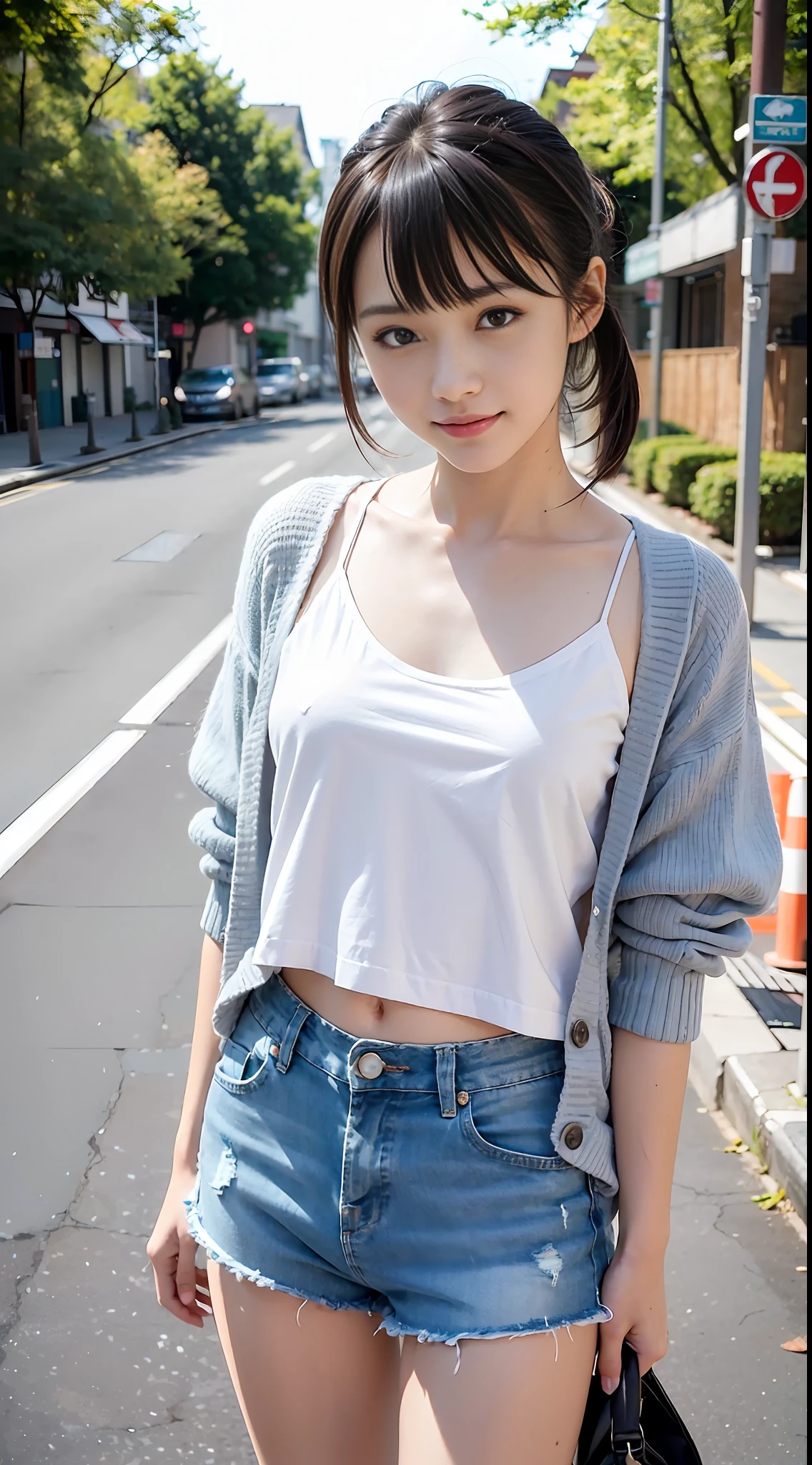 (Top Quality, 8k, RAW Photography, UHD, Masterpiece: 1.3), Sharp Focus: 1.2, 18 years old cute smiling Japan schoolgirl with perfect figure, slender abs: 1.2, (((Asymmetrical bangs, small breasts: 1.2)), (White blouse layered with oversized long length cardigan, low-rise denim shorts), Exposed lower abdomen: 1.8), movie lighting, street: 1.2, ultra-detailed face and skin texture, detailed eyes, big and beautiful eyes with double eyelids, seductive smile