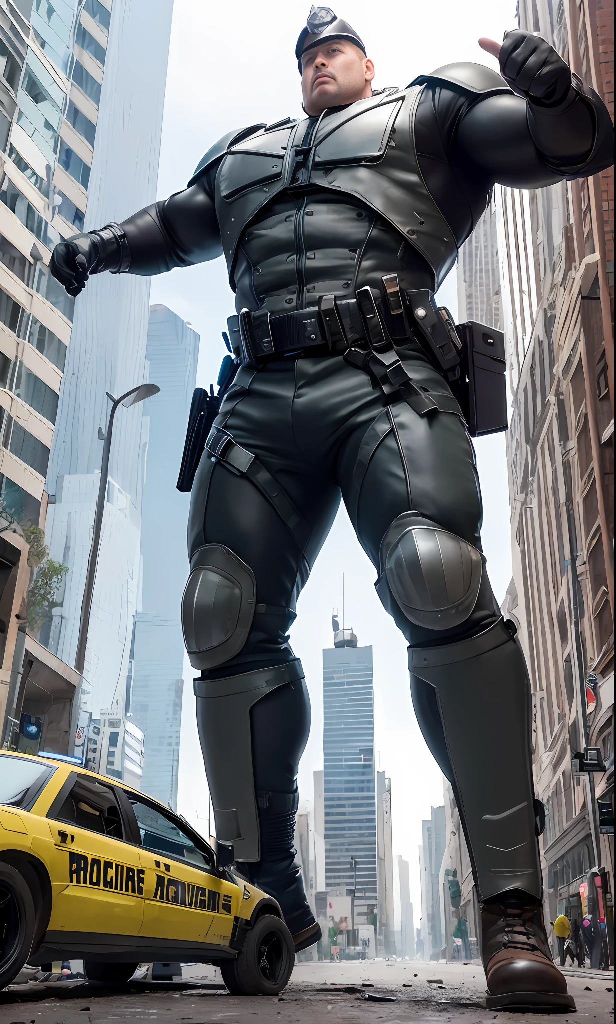 City ruins, broken buildings, policemen, armor, thick eyebrows, military boots, perfect facial features, majestic cop, giant cop trampling the city, giant cop trampling buildings, giant muscle cop, giant muscle cop destroying the city, giant muscle cop, powerful cop, handsome cop. giant cop pinching house, megacop pinching man, megacop smashing building, megacop smashing house, riding boots, military boots, huge muscles, protruding crotch, perfect facial features, megacop pushing down buildings, muscular, cop, giant