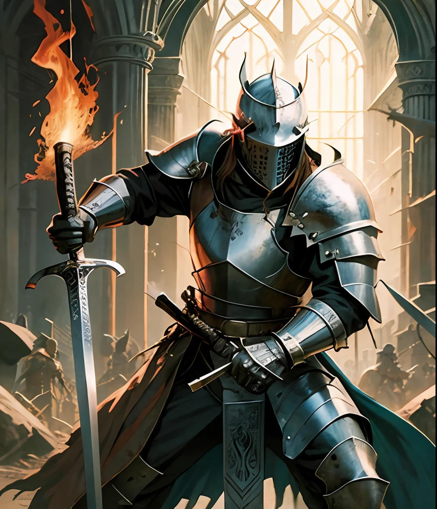 medieval knight raising sword of fire, hiperrealist,hipermaximalista --auto --s2