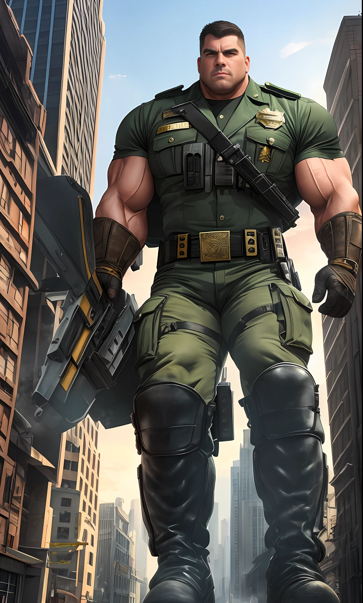 City ruins, broken buildings, policemen, armor, thick eyebrows, military boots, perfect facial features, majestic cop, giant cop trampling the city, giant cop trampling buildings, giant muscle cop, giant muscle cop destroying the city, giant muscle cop, powerful cop, handsome cop. giant cop pinching house, megacop pinching man, megacop smashing building, megacop smashing house, riding boots, military boots, huge muscles, protruding crotch, perfect facial features, megacop pushing down buildings, muscular, cop, giant