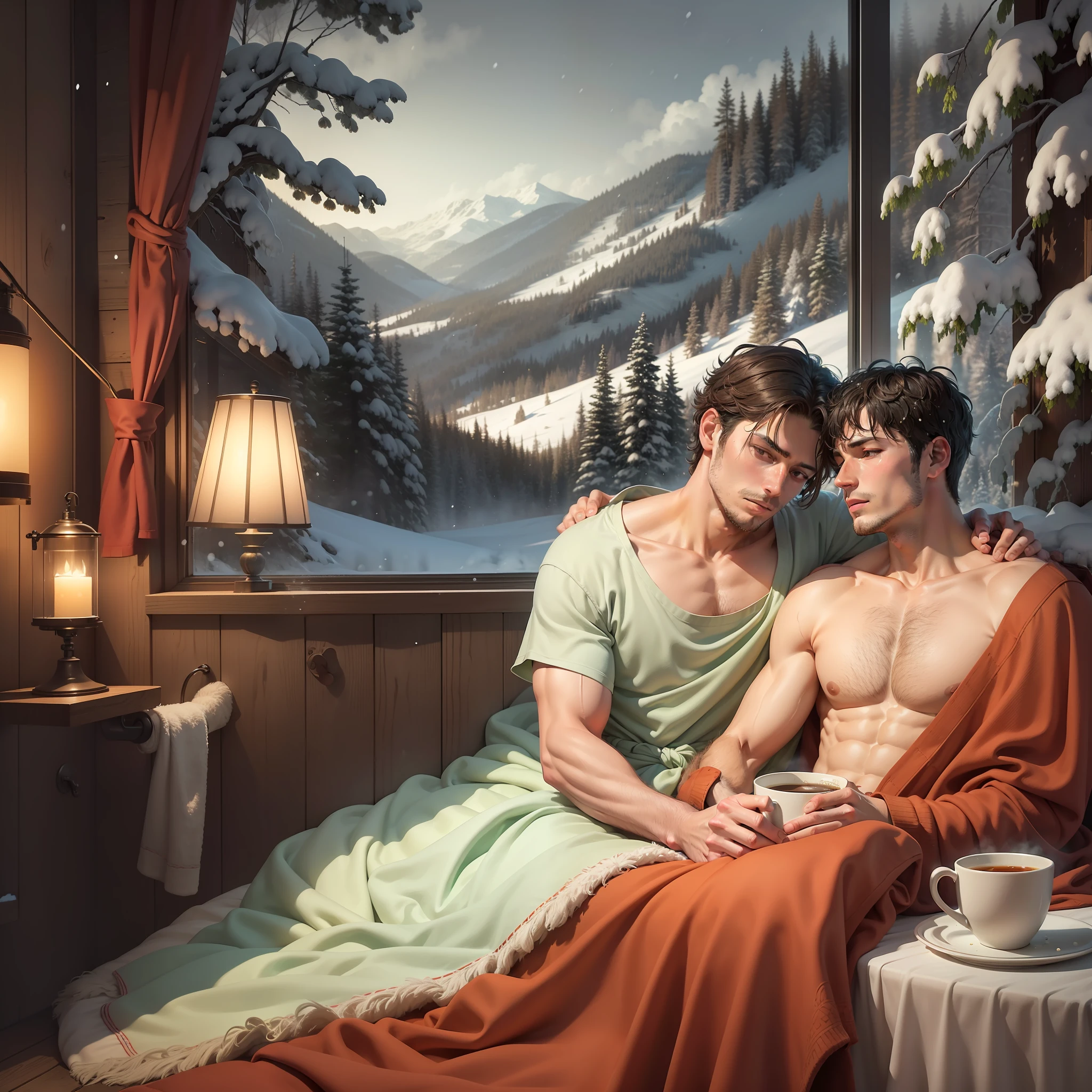 Man rests in an extremely comfortable bed after taking a scalding bath in a gas shower, in his cabin in the forest, in the window it is possible to see a landscape of a beautiful forest where it is snowing, he warms himself in the blankets that cover up to his waist, taking a hot drink. Renaissance background