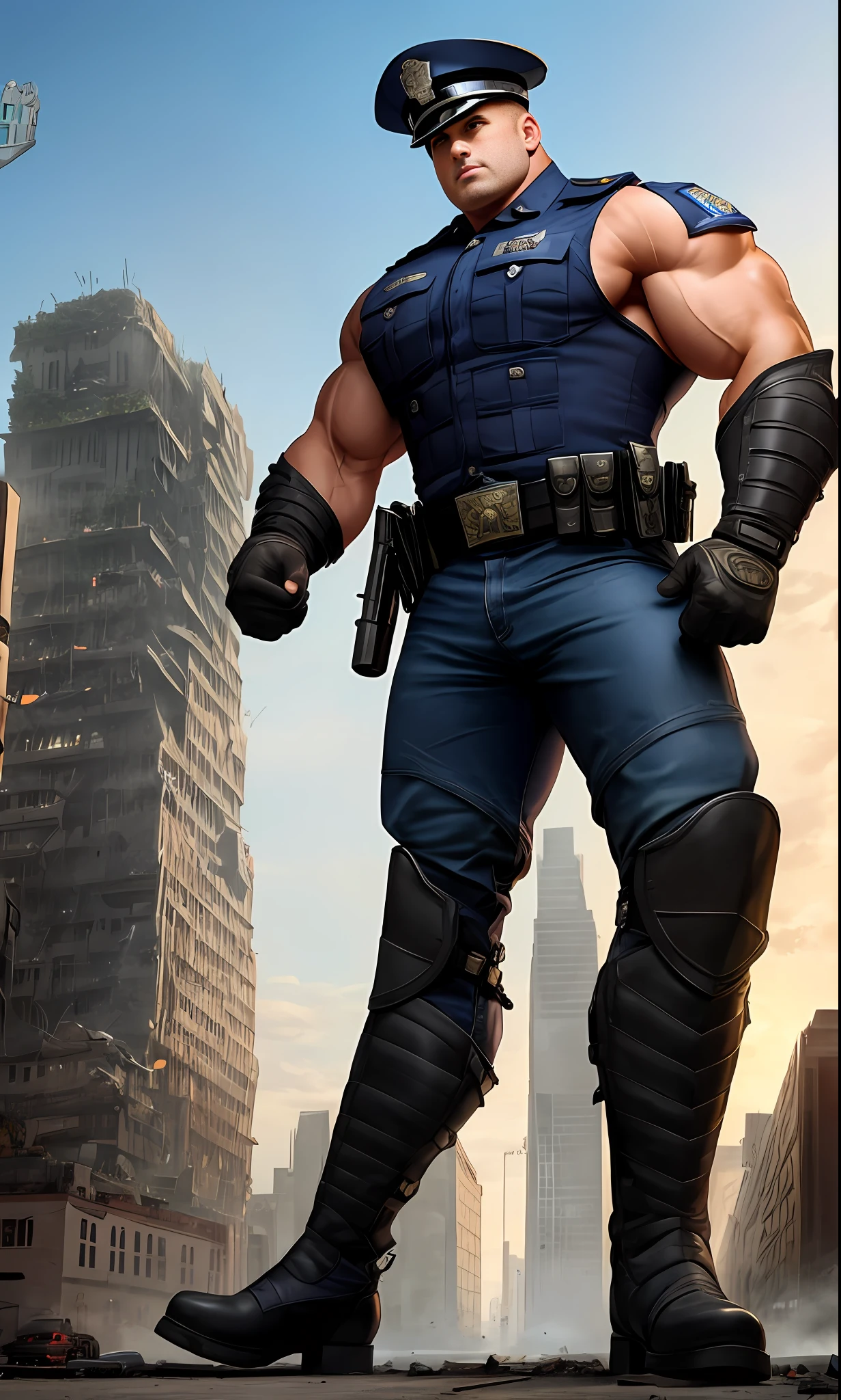 City ruins, broken buildings, policemen, armor, thick eyebrows, military boots, perfect facial features, majestic cop, giant cop trampling the city, giant cop trampling buildings, giant muscle cop, giant muscle cop destroying the city, giant muscle cop, powerful cop, handsome cop. giant cop pinching house, megacop pinching man, megacop smashing building, megacop smashing house, riding boots, military boots, huge muscles, protruding crotch, perfect facial features, megacop pushing down buildings, muscular, cop, giant