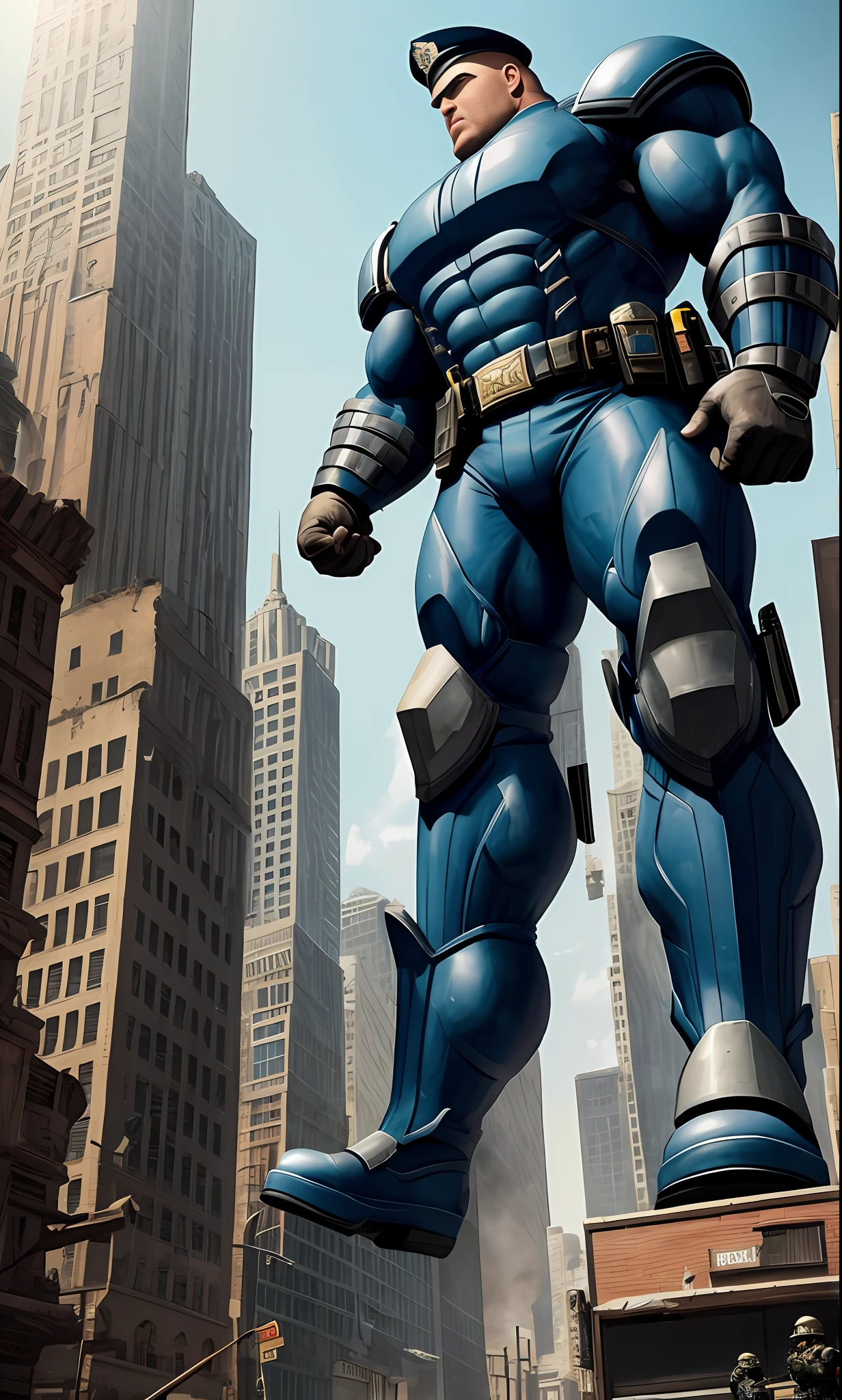 City ruins, broken buildings, policemen, armor, thick eyebrows, military boots, perfect facial features, majestic cop, giant cop trampling the city, giant cop trampling buildings, giant muscle cop, giant muscle cop destroying the city, giant muscle cop, powerful cop, handsome cop. giant cop pinching house, megacop pinching man, megacop smashing building, megacop smashing house, riding boots, military boots, huge muscles, protruding crotch, perfect facial features, megacop pushing down buildings, muscular, cop, giant