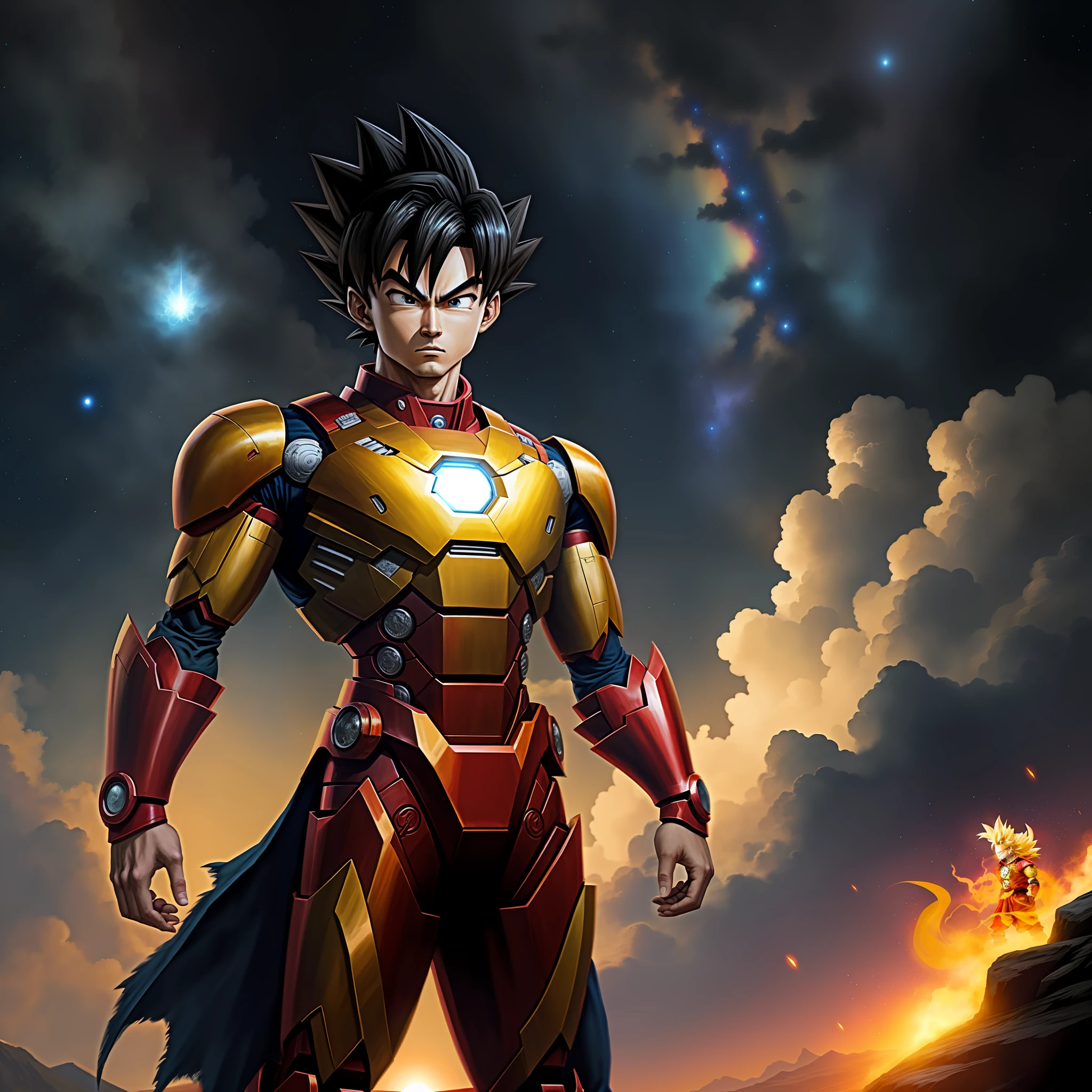 Dragon Ball, Son Goku Super Saiyan, young, wearing Iron Man mecha, alone, starry sky background