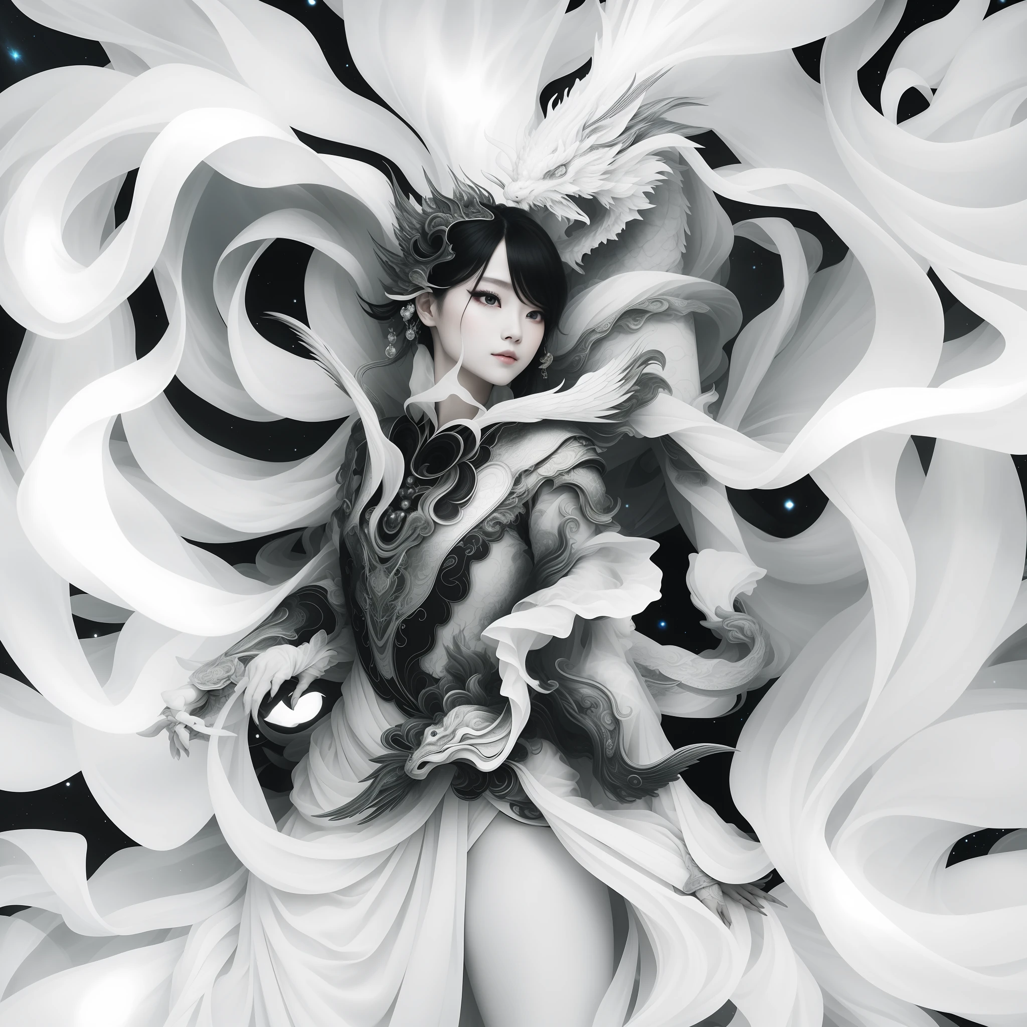 In a captivating image, an elegant woman clad in a white Chinese gown glides through the sky atop a mythical Chinese dragon. As they traverse the heavens, her flowing gown and the dragon's iridescent scales create a mesmerizing vision of harmony and otherworldly beauty. 
hdr, (photorealism, masterpiece quality, best quality), , pureerosface_v1,ulzzang-6500-v1.1,