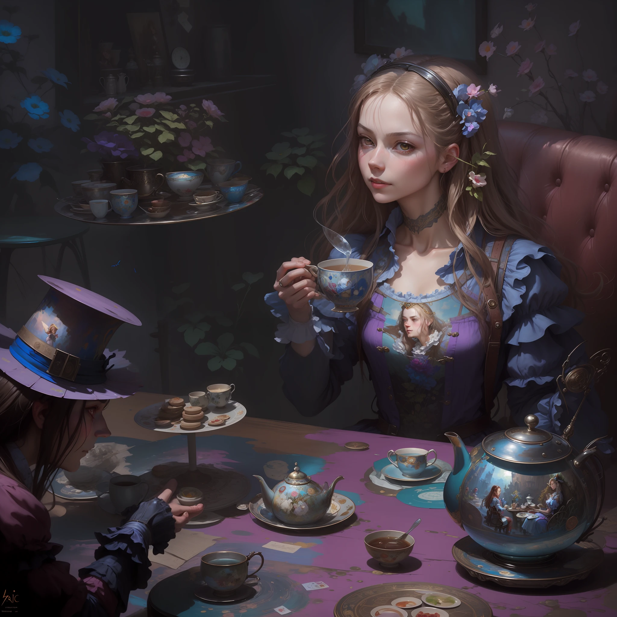 there is a painting of a woman sitting at a table with a tea cup, alice attends mad tea party, pino daeni and dan mumford, surreal tea party, alice x. zhang, alice in wonderland cyberpunk, portrait of alice in wonderland, karol bak and peter mohrbacher, alice, heather theurer, alice in wonderland syndrome, alice in wonderland