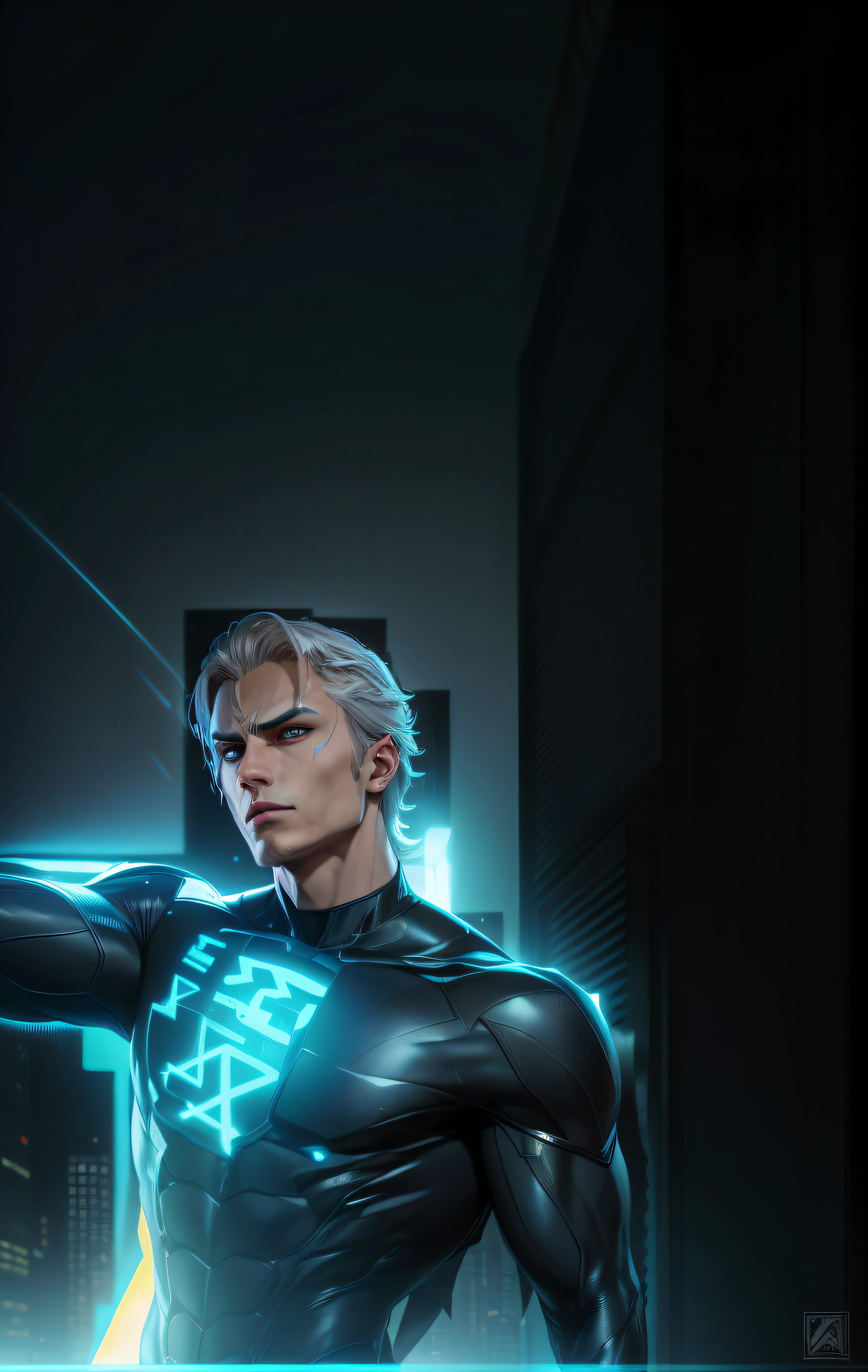 A closeup of a person with a yellow light on his chest, son of Sparda, Vergil, Raiden metal gear, Full Portrait of Electromancer, Genos, Quicksilver, Electric Wallpaper, XQC, Epic Graphic Novel Wallpaper, Adam Warlock, Thunderbolt, Textless, Raiden of Metal Gear Rising, Spiderman as Electro, The Electric Boy