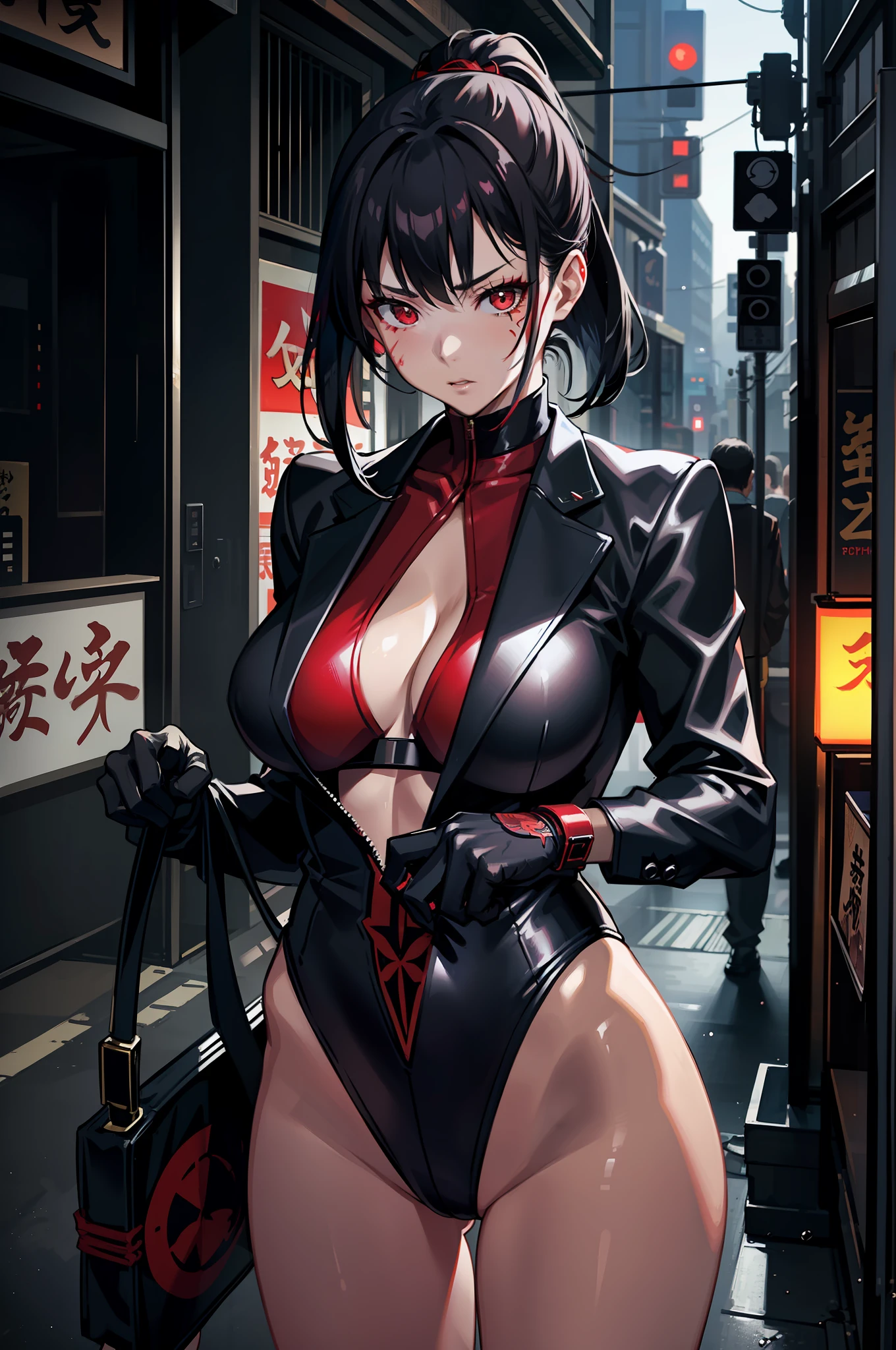 japanese yakuza mobster girl with a gymnast leotard, black hair, red eyes, bare legs, uses katana blade, facial scar, stylish, hdr, intricate details, hyperdetailed, cinematic, rim light, danger atmosphere, noir, night, cyberpunk lighting, tokyo street, rain
