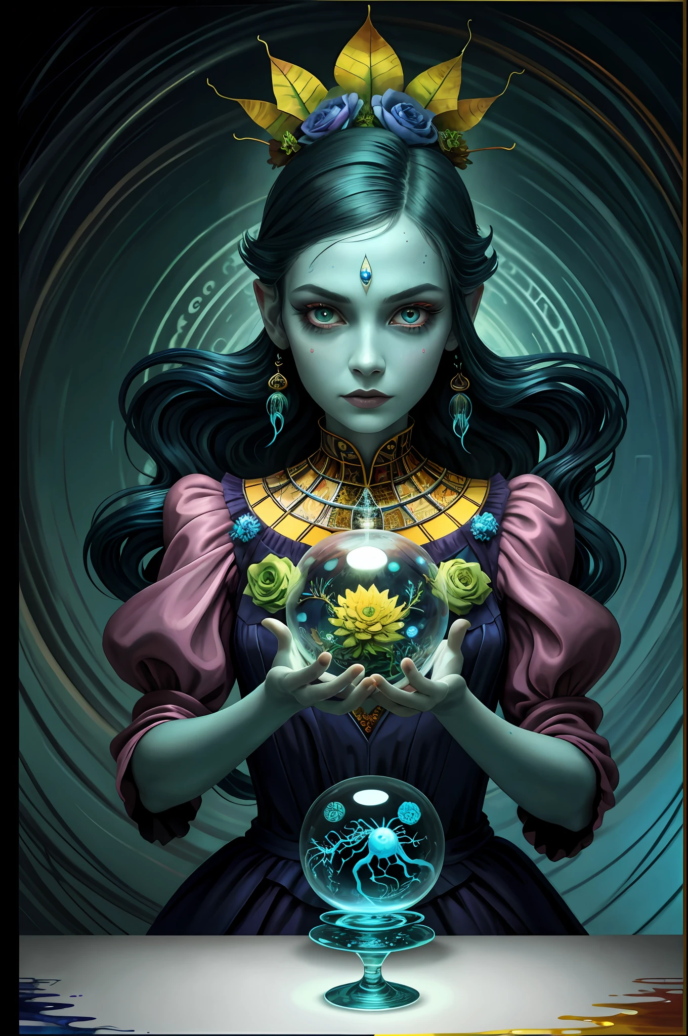 colorpop style, pointy hair, blue skin, natalie shau, mark ryden, alberto seveso, brooke shaden, anna dittmann, flora borsi, yin yang anthill, ant, lily, insect, fern, beautiful full body photo with oil painting, with thick brushstrokes and wet paint, fibonacci, golden ratio, melted wax, visible brushstrokes, surrounded by crystal ball, 3D Mosaic wireframe, neural graphics, neurons, tree of life, color, love, passion, oil on canvas, thick brush strokes, crazy details, 8k uhd, masterpiece, art station, surrealism