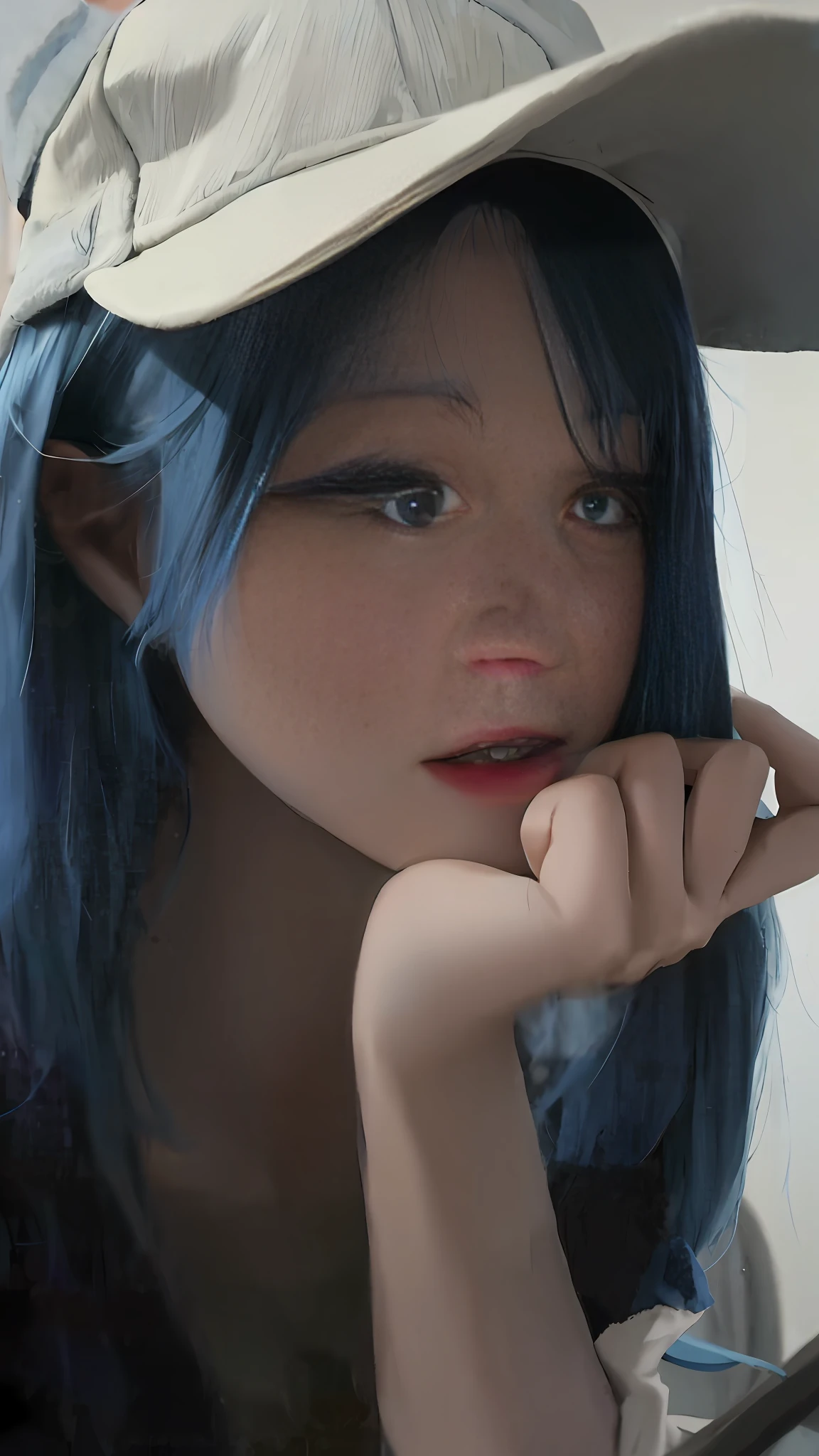 Alafeld asian woman with blue hair looking at camera in hat, ulzzang, blue hair, Kim young-hin, beautiful girl with blue hair, beautiful blue hair girl, in yeonnam, smooth blue skin, girl with blue hair, long blue hair, blue face, blue head, anime girl in real life