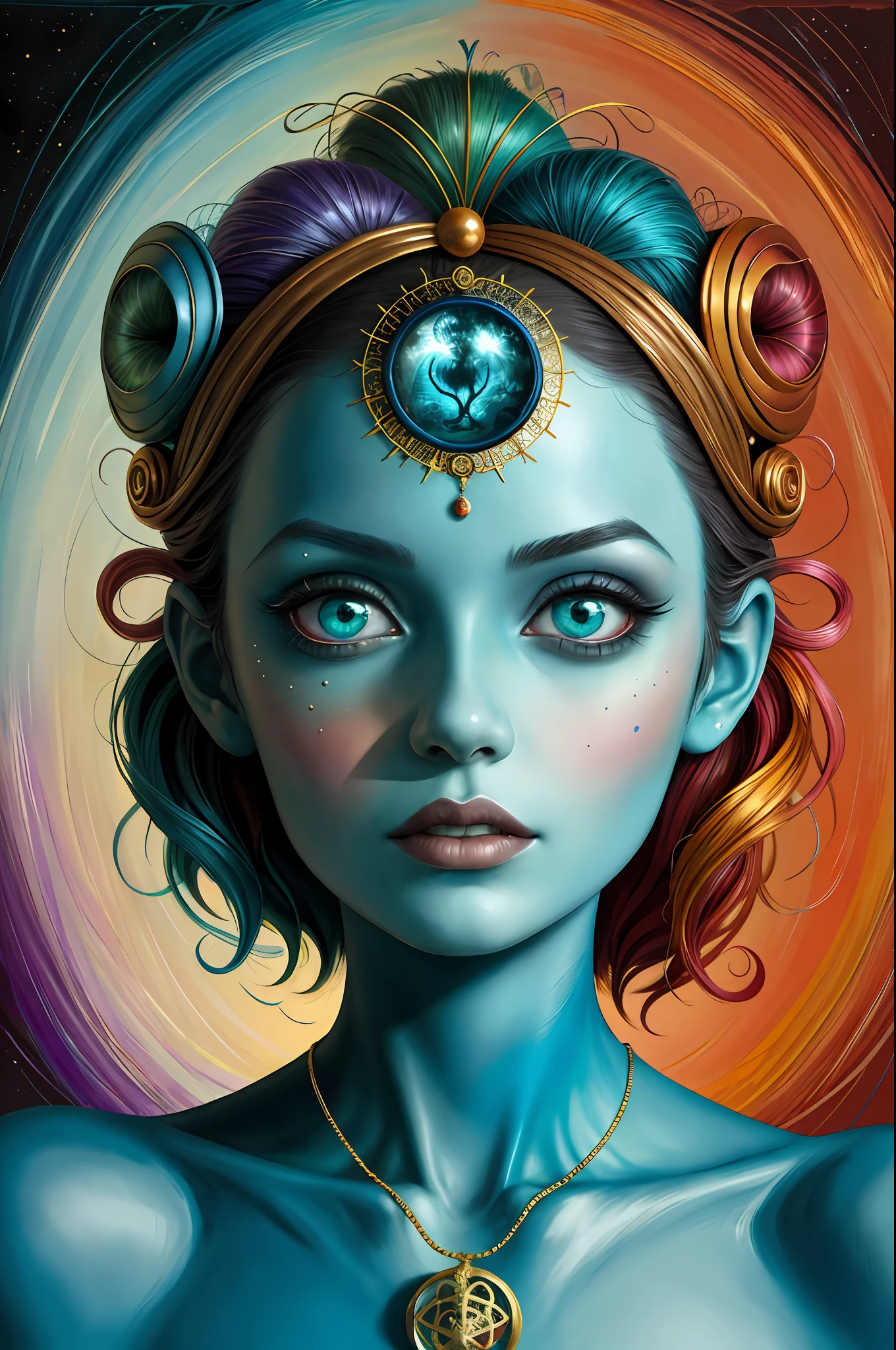 colorpop style, pointy hair, blue skin, natalie shau, mark ryden, alberto seveso, brooke shaden, anna dittmann, flora borsi, yin yang anthill, ant, lily, insect, fern, beautiful full body photo with oil painting, with thick brushstrokes and wet paint, fibonacci, golden ratio, melted wax, visible brushstrokes, surrounded by crystal ball, 3D Mosaic wireframe, neural graphics, neurons, tree of life, color, love, passion, oil on canvas, thick brush strokes, crazy details, 8k uhd, masterpiece, art station, surrealism