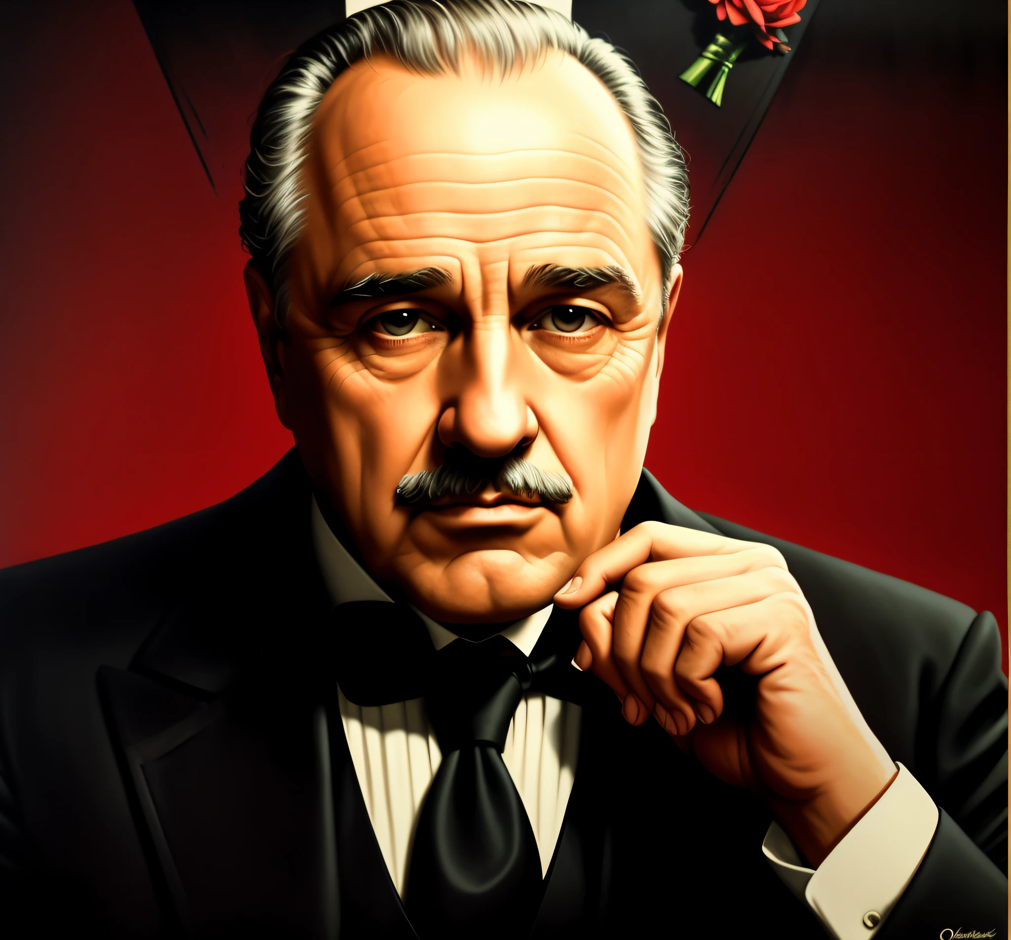 Oldman old Marlon Brandon as Vito Corleone in The Godfather movie, mustache, big fat cheeks, fat face, vhs effect, (poster:1.6), poster on wall, nostalgia, movie poster, portrait, a red jacket, close up (skin texture), intricately detailed, fine details, hyperdetailed, raytracing, subsurface scattering, diffused soft lighting, shallow depth of field, by (Oliver Wetter)