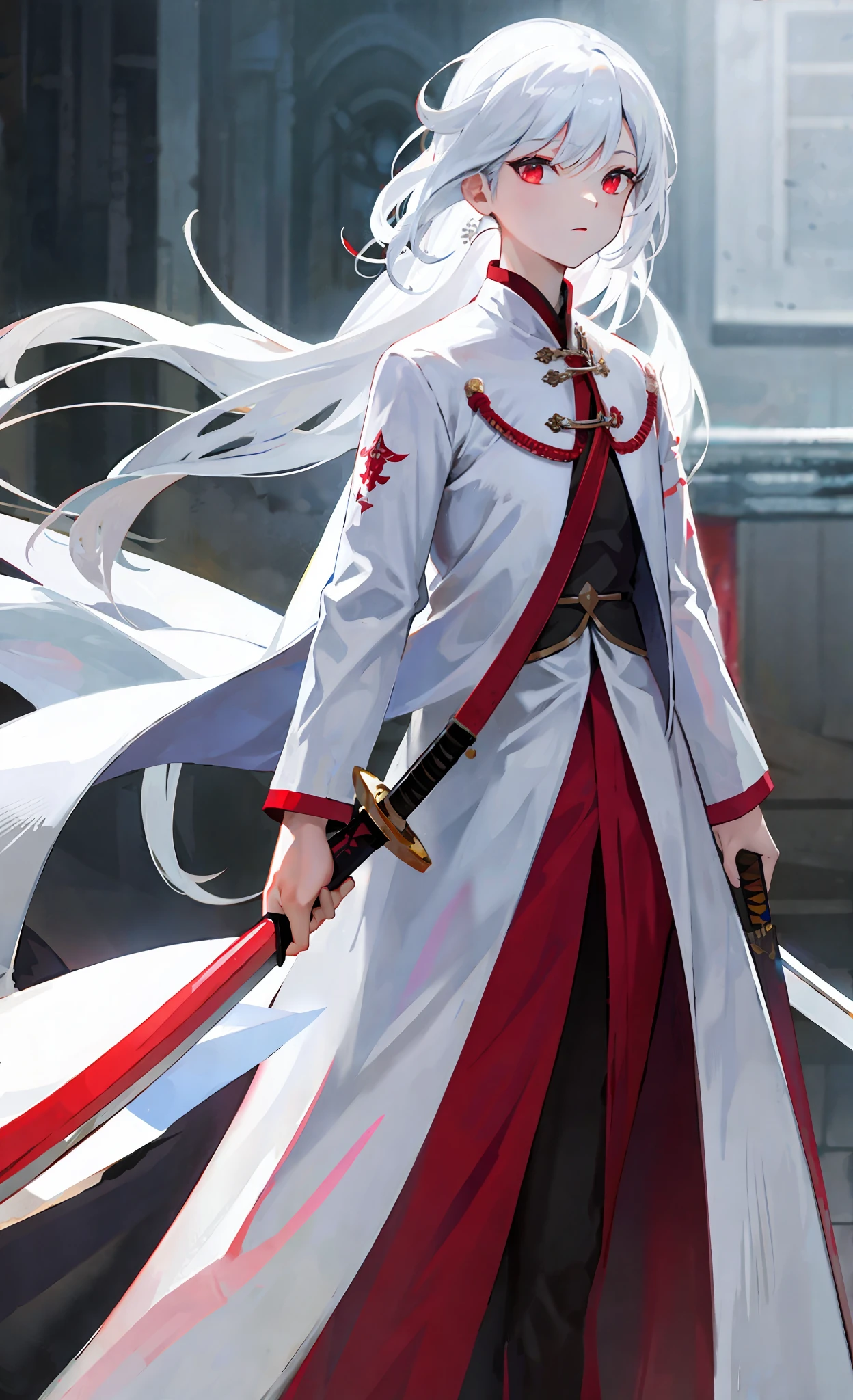 White hair, red eyes, Dao robe, white clothes, sword in hand