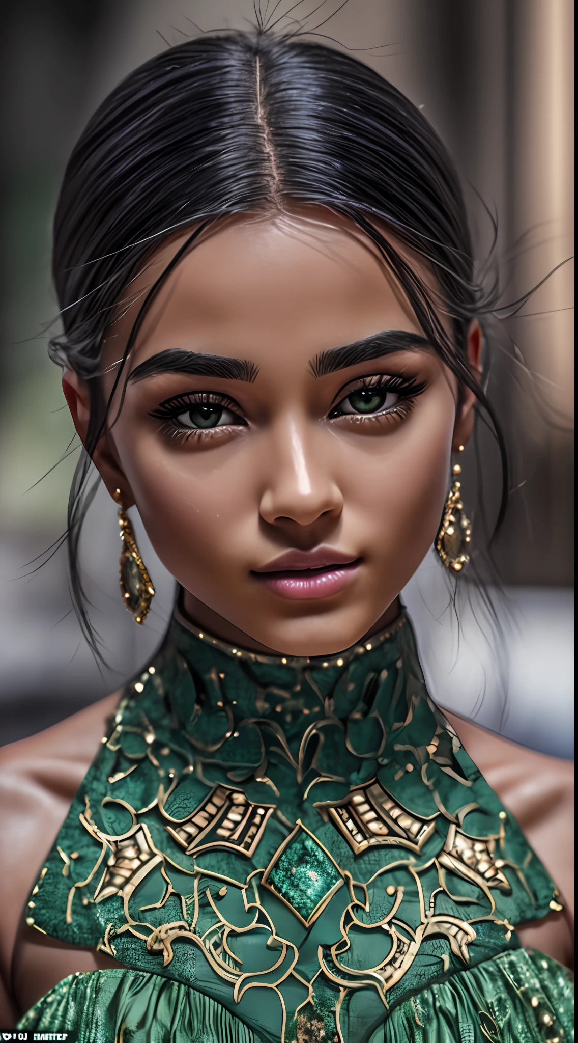 Immerse yourself in the beauty of the face of a young European girl as the camera zooms in, her sleek black hair framing her face with elegance, her captivating green eyes shining with a mix of confidence and intrigue, a small nose adding a touch of grace, her lips adorned with a captivating shade of purple lipstick, the image captured in a 9:16 aspect ratio, the high-performance camera bringing out every subtle detail of her skin, Sculpture, meticulously sculpted in clay and polished to perfection, showcasing the intricacies of her facial features in a three-dimensional form
