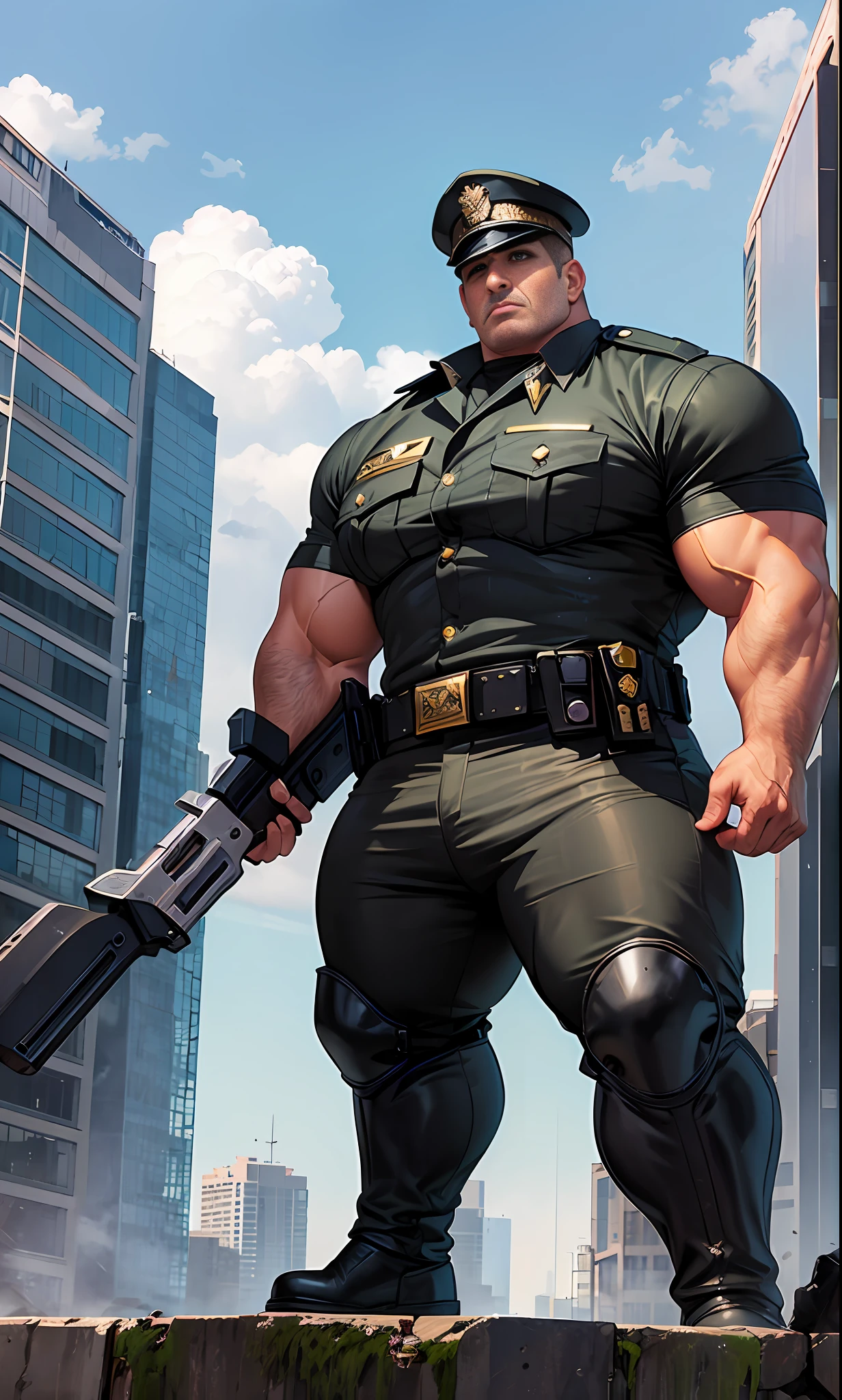 City ruins, broken buildings, policemen, armor, thick eyebrows, military boots, perfect facial features, majestic cop, giant cop trampling the city, giant cop trampling buildings, giant muscle cop, giant muscle cop destroying the city, giant muscle cop, powerful cop, handsome cop. giant cop pinching house, megacop pinching man, megacop smashing building, megacop smashing house, riding boots, military boots, huge muscles, protruding crotch, perfect facial features, megacop pushing down buildings, muscular, cop, giant