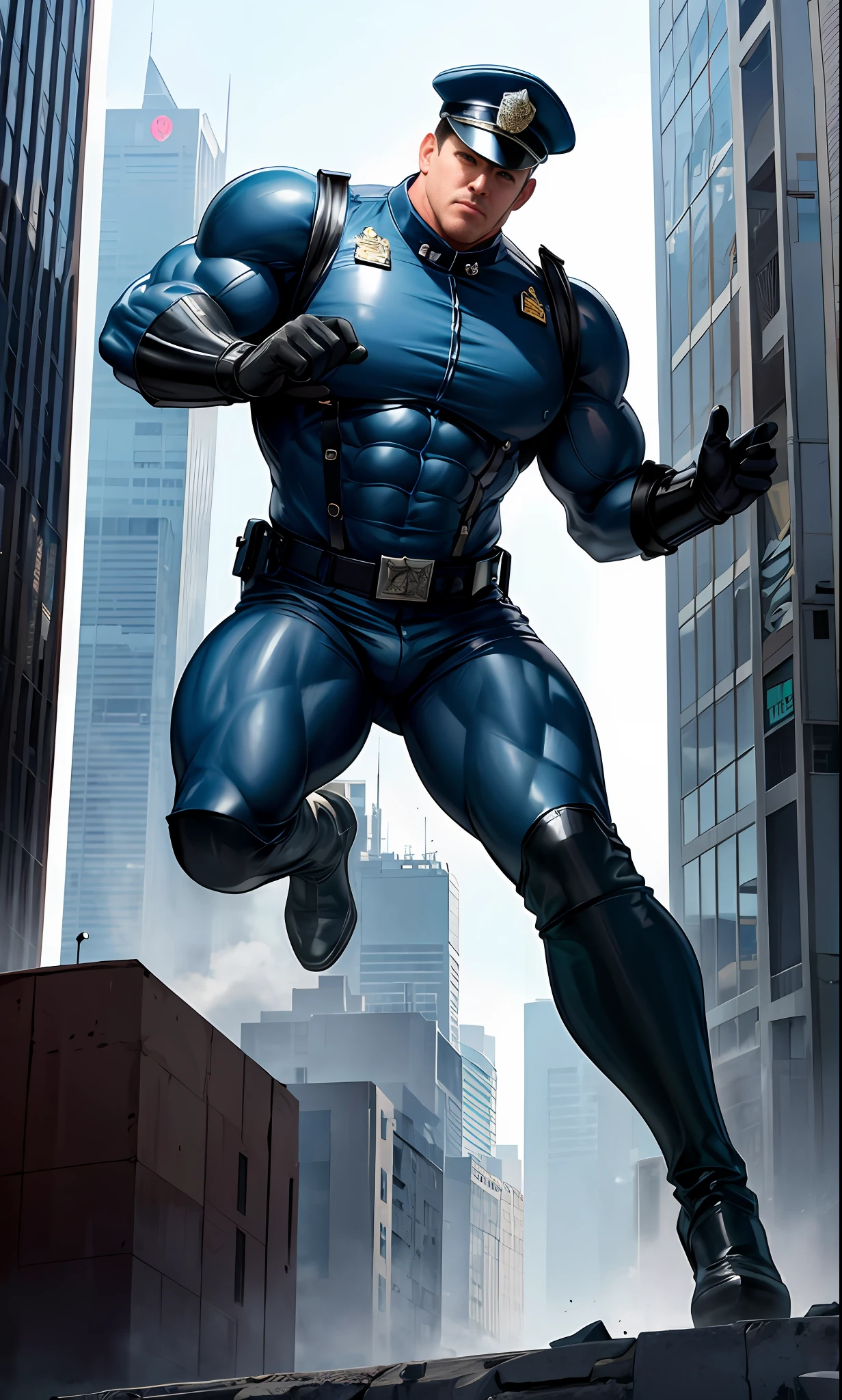 City ruins, broken buildings, policemen, armor, thick eyebrows, military boots, perfect facial features, majestic cop, giant cop trampling the city, giant cop trampling buildings, giant muscle cop, giant muscle cop destroying the city, giant muscle cop, powerful cop, handsome cop. giant cop pinching house, megacop pinching man, megacop smashing building, megacop smashing house, riding boots, military boots, huge muscles, protruding crotch, perfect facial features, megacop pushing down buildings, muscular, cop, giant