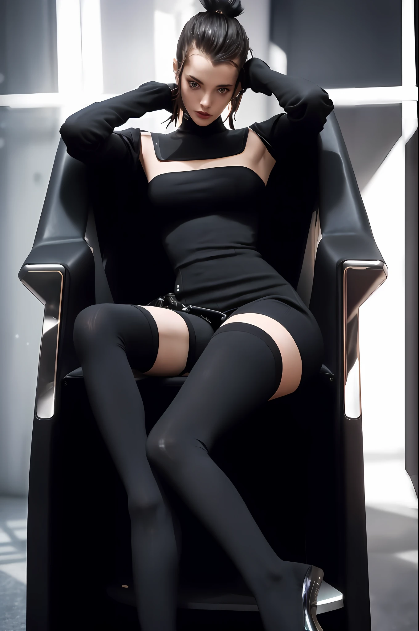 Araffe cyberpunk female robot in black dress sitting on a chair with crossed legs, long legs, overknee socks, model photo of skinny girl, very beautiful long and thin legs, very beautiful thin legs, knee high socks, thighs, elegant legs, socks, beautiful thin legs, long and thin legs, thigh stockings, velvet socks, wearing socks, Barbara Palvin