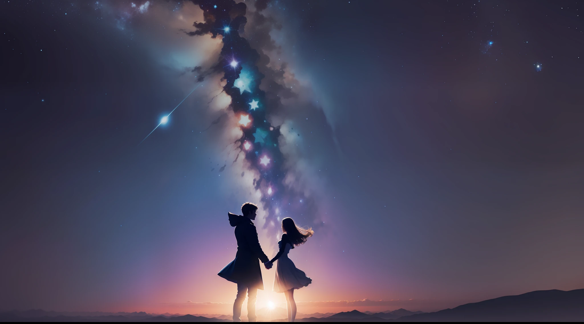 Starry night, starry sky, cool colors, silhouette of two people holding hands.