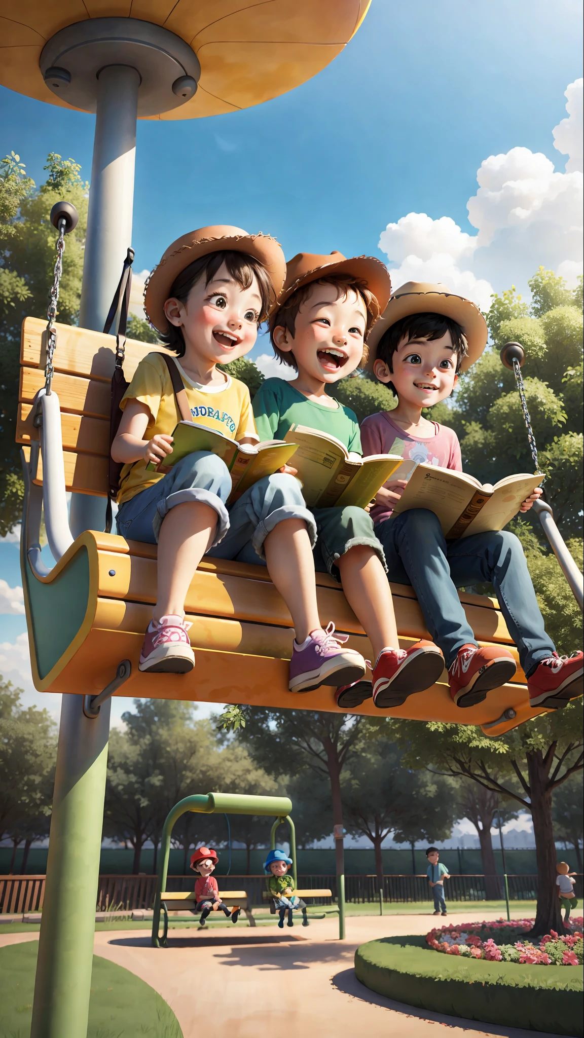 Children reading in a disney-style park, in the form of a 3D scene from Pixar, inspired by Toy Story. A colorful playground with slides, swings and vines serves as a backdrop for children. They are sitting on wooden benches reading books with joy. The characters have detailed textures and a brilliant aesthetic, similar to the Pixar films. The lighting is soft, with a warm and welcoming atmosphere. The children's faces are full of happiness and excitement. --V 5 --Stylize 1000