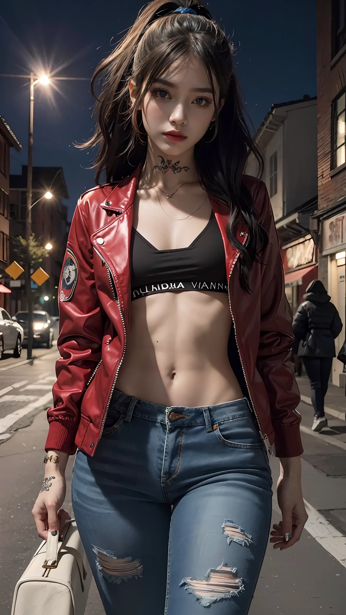 (masterpiece, best quality), girl, emo, beautiful hair, colorful hair, red jacket, jeans, magical tattoos, perfect night, moonlight, street