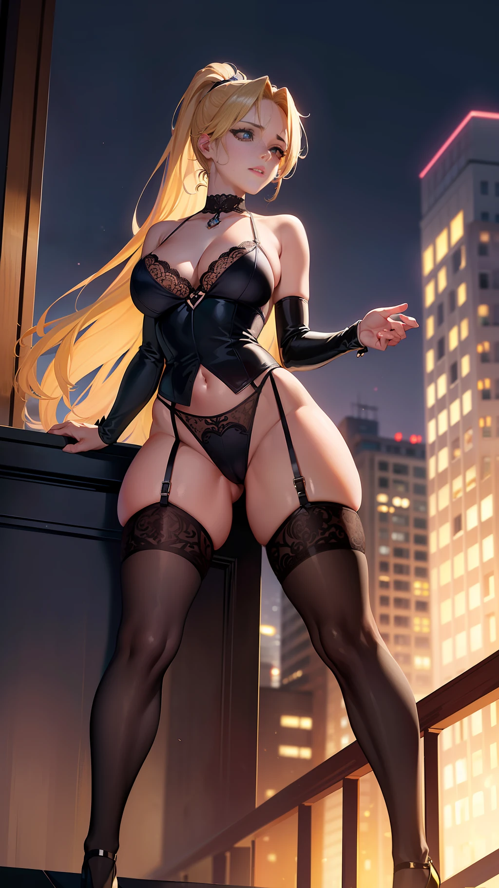 (Best Quality, Masterpiece: 1.1), (Fidelity: 1.4), Woman, Upper Body, Lustful Look, Flushed Face, Pleasure, Lustful Expression, Long Blonde Hair Ponytail, On the balcony of the building, City night background, Garter belt and long lace socks, Lace choker with heart, Micro Blue Silk Knitted Lingerie, Full Body, High Heels, Wide hips, bare crotch, camel's paw, anatomy of the big pubic lips, medium breasts, looking at the viewer, pov from below