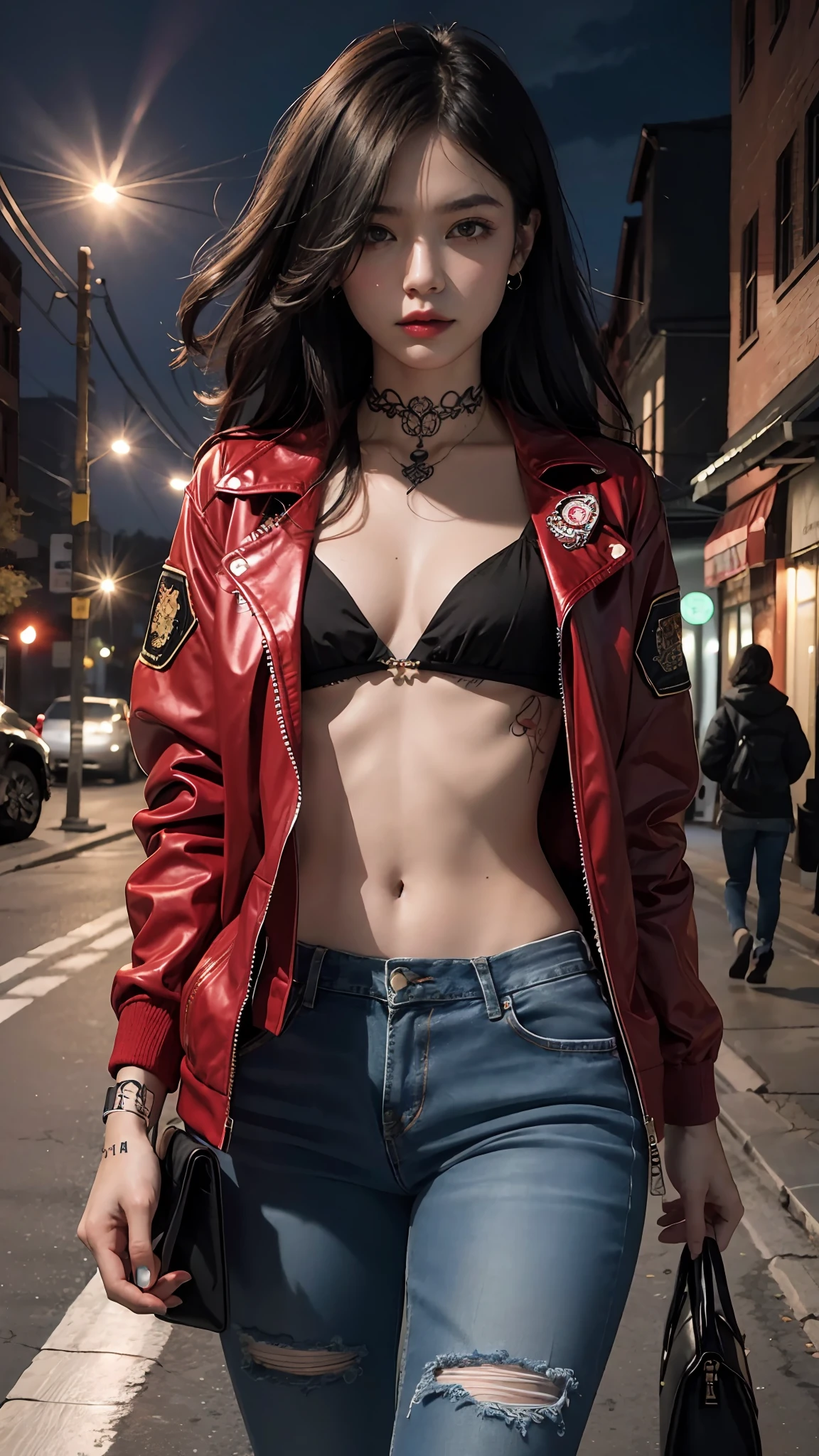 (masterpiece, best quality), girl, emo, beautiful hair, colorful hair, red jacket, jeans, magical tattoos, perfect night, moonlight, street