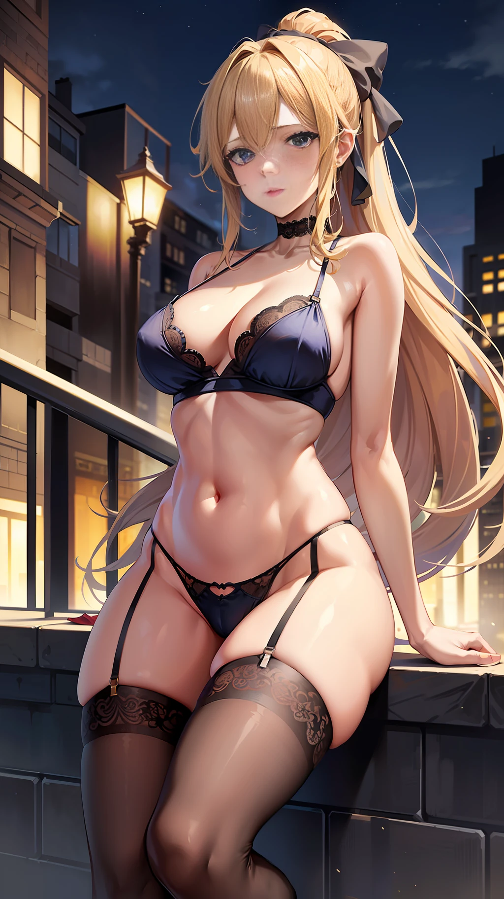 (Best Quality, Masterpiece: 1.1), (Fidelity: 1.4), Woman, Upper Body, Lustful Look, Flushed Face, Pleasure, Lustful Expression, Long Blonde Hair Ponytail, On the balcony of the building, City night background, Garter belt and long lace socks, Lace choker with heart, Micro Blue Silk Knitted Lingerie, Full Body, High Heels, Wide hips, bare crotch, camel's paw, anatomy of the big pubic lips, medium breasts, looking at the viewer, pov from below