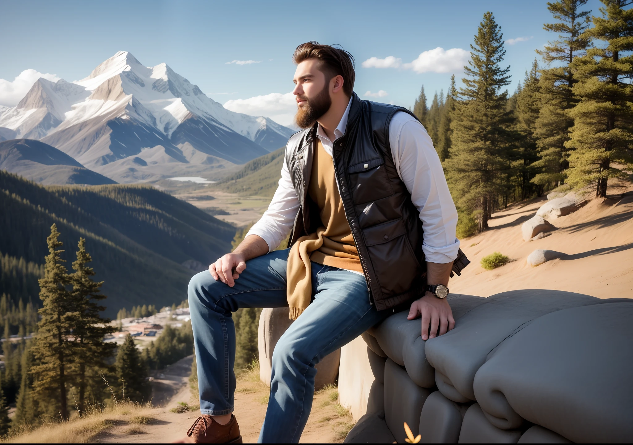 A young man of 25 years, with a beard, with his arms open looking at a beautiful view.