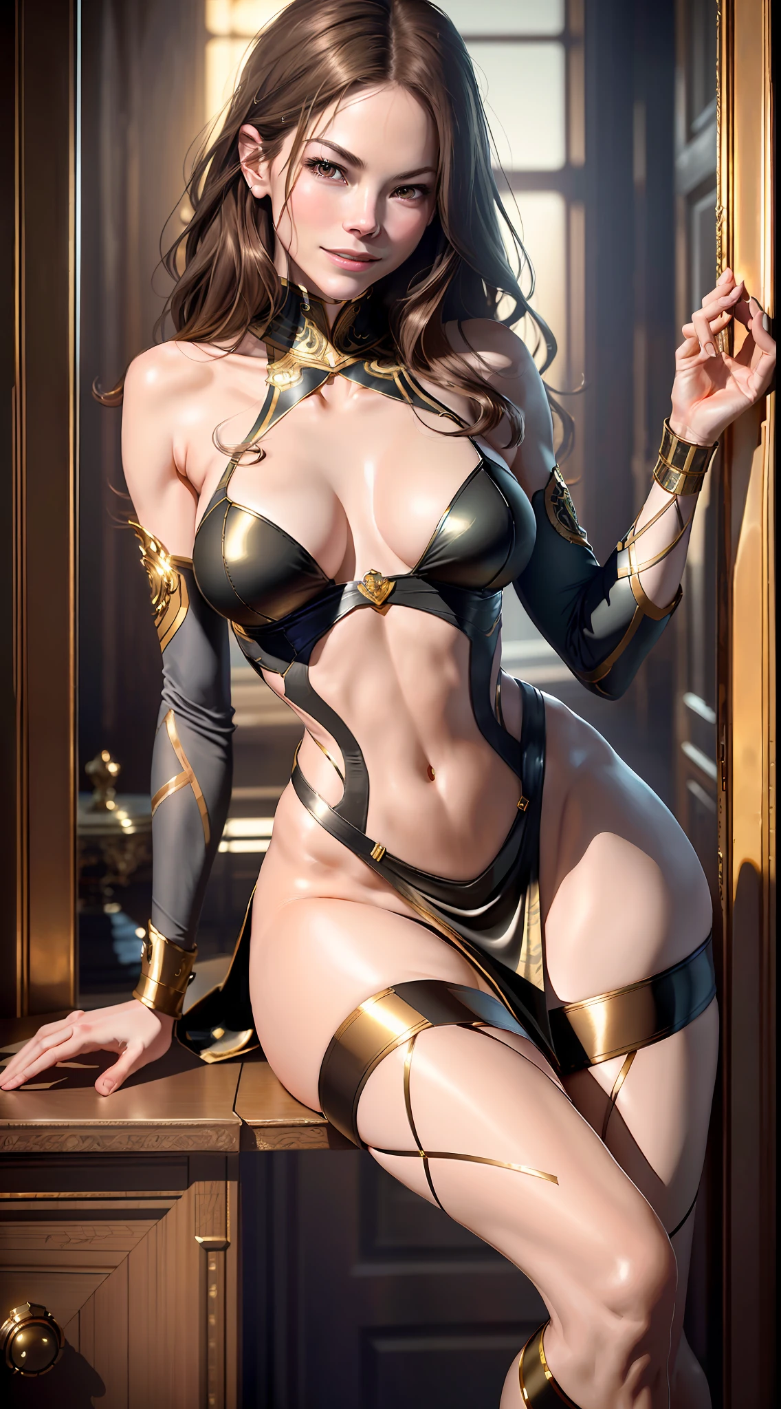 masterpiece, maximum quality, ultra high resolution, 8k, girl, Michelle Monaghan, extremely beautiful, full body, alone, very thin, extremely detailed face, identical face, detailed eyes, mischievous smile, cheerful, realistic photo, totally realistic, human skin, studio lighting, perfect, wide hips, thick thighs, big ass, wearing micro skirt, insinuating