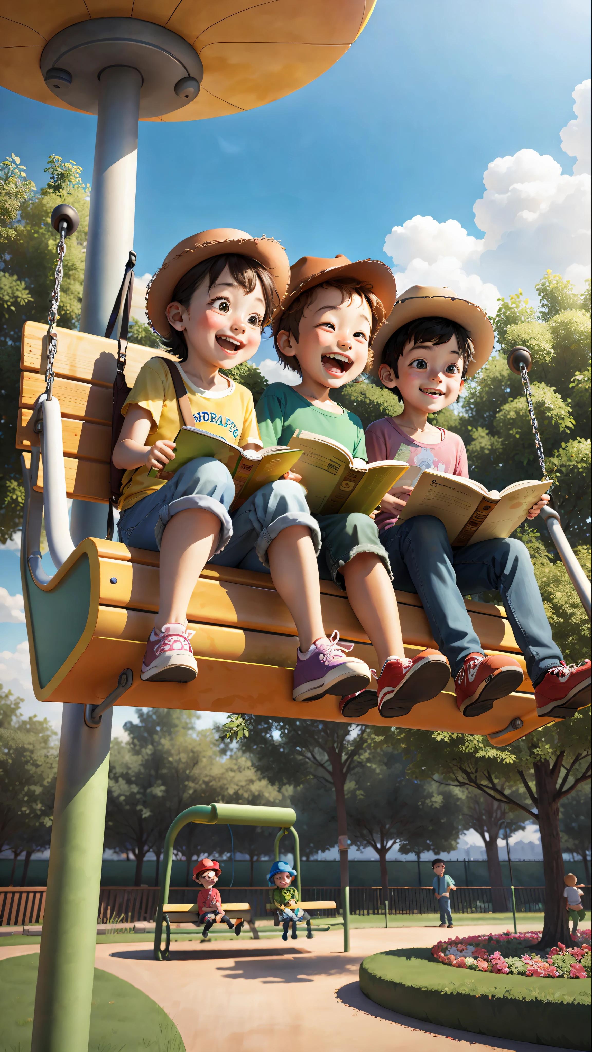 Children reading in a disney-style park, in the form of a 3D scene from Pixar, inspired by Toy Story. A colorful playground with slides, swings and vines serves as a backdrop for children. They are sitting on wooden benches reading books with joy. The characters have detailed textures and a brilliant aesthetic, similar to the Pixar films. The lighting is soft, with a warm and welcoming atmosphere. The children's faces are full of happiness and excitement. --V 5 --Stylize 1000