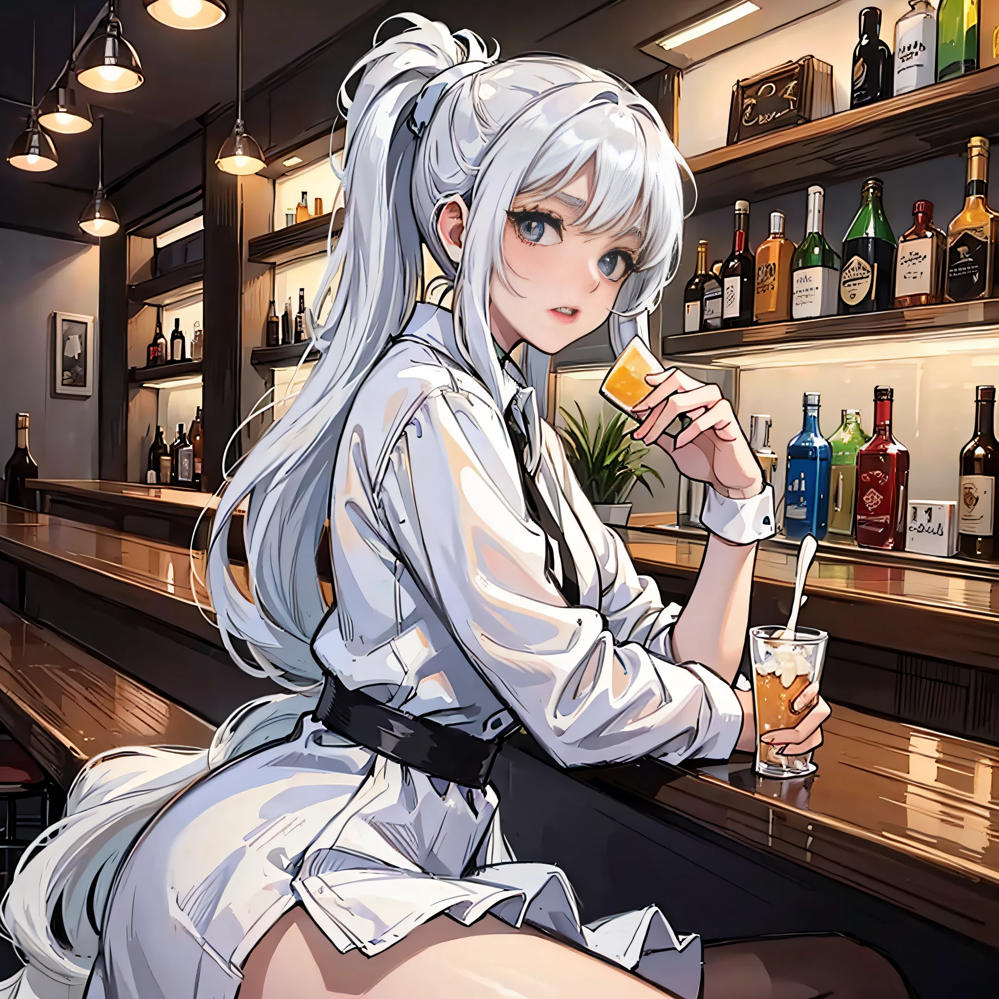 A teenage girl in a white dress (white clothes, white ponytail) is drunk at a bar with a ruddy face