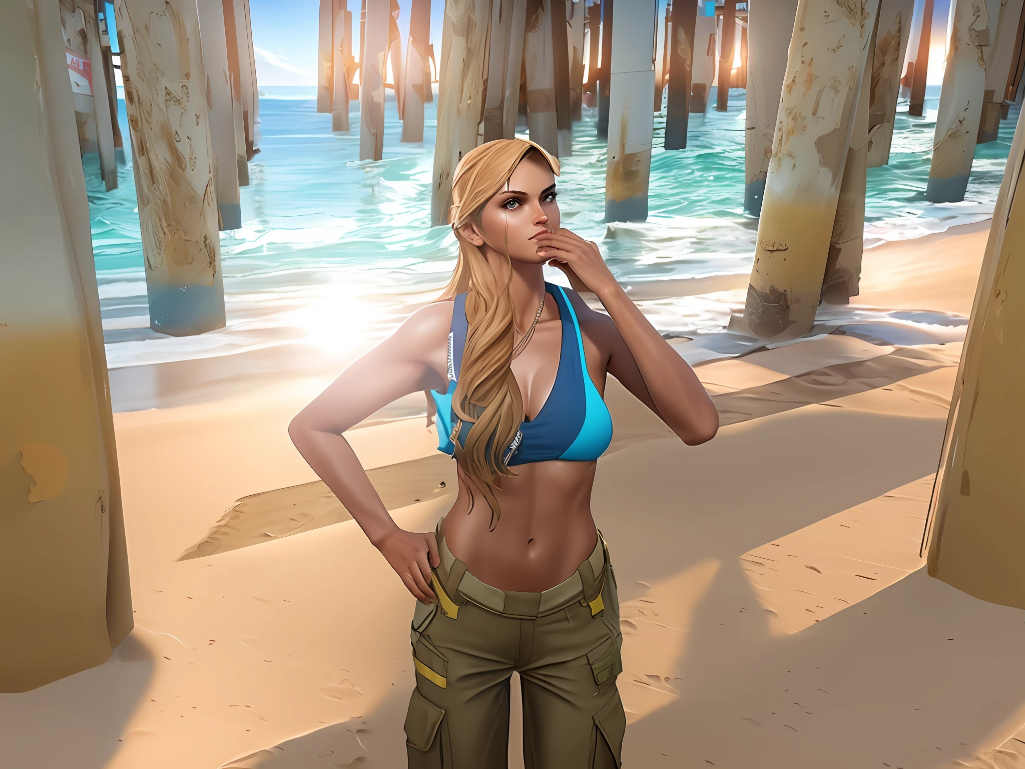 There is a woman in a bikini standing on the sand,GTA 5 skin tone, realistic bikini, bikini + light brown military pants, GTA V style, standing on the beach, quiet of Metal Gear solid V, standing near the beach, like a GTAV character, near a pier, on the beach, GTA V street style