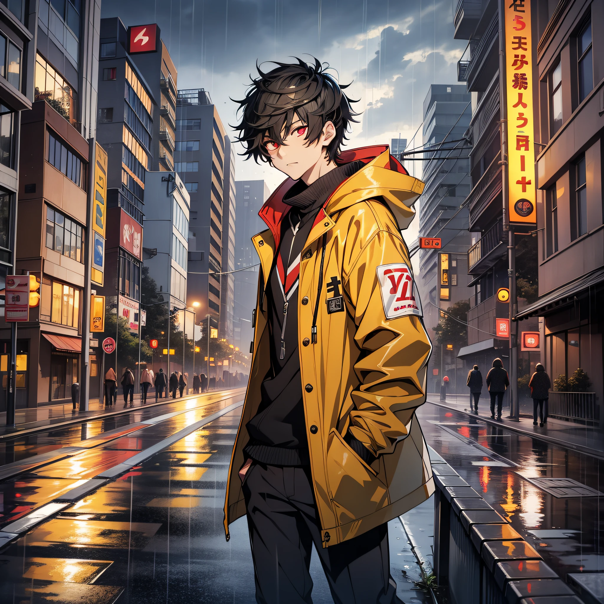 anime, anime style, young boy, , red eyes, yellow raincoat, in a city, near a bridge, black hair, cloudy and slightly rainy weather, detailed face, shy expression, masterpiece, best quality, 4k