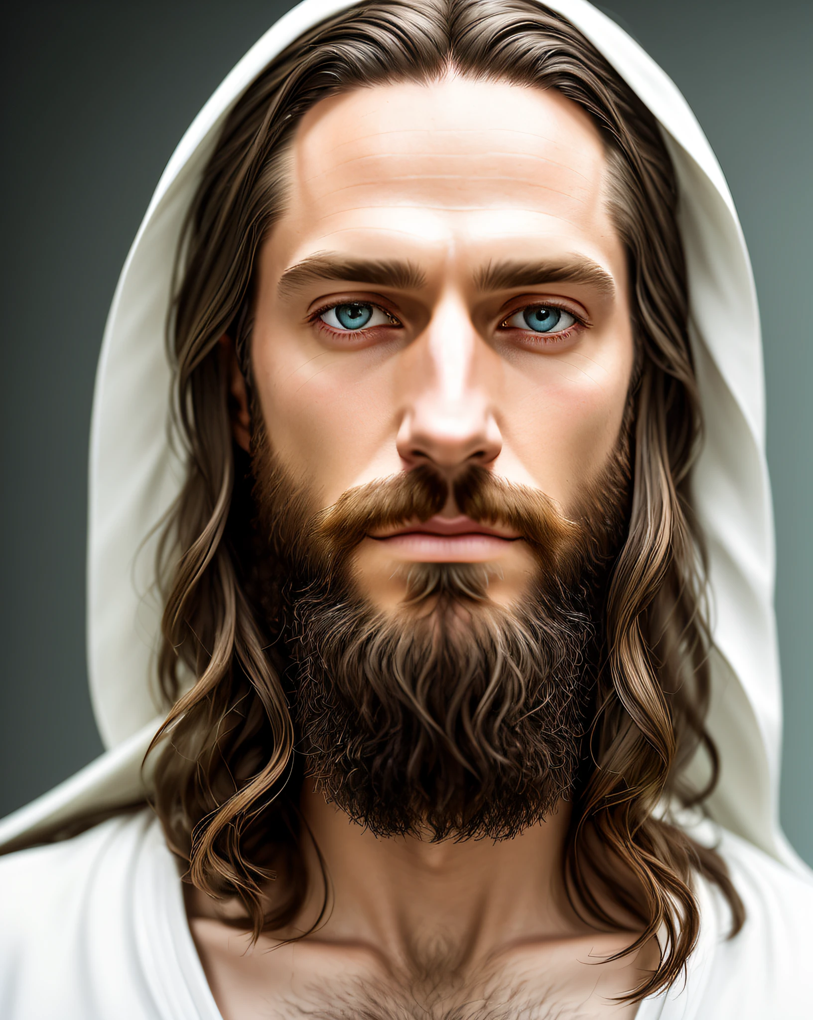 (symmetry),centered,a ((close)) up portrait,(Jesus),a very thin white man with long hair and a beard,wearing a long white robe,35mm,natural skin,clothes  detail, 8k texture, 8k, insane details, intricate details, hyperdetailedhighly detailed,realistic,soft cinematic light,HDR,sharp focus, ((((cinematic look)))),intricate, elegant, highly detailed