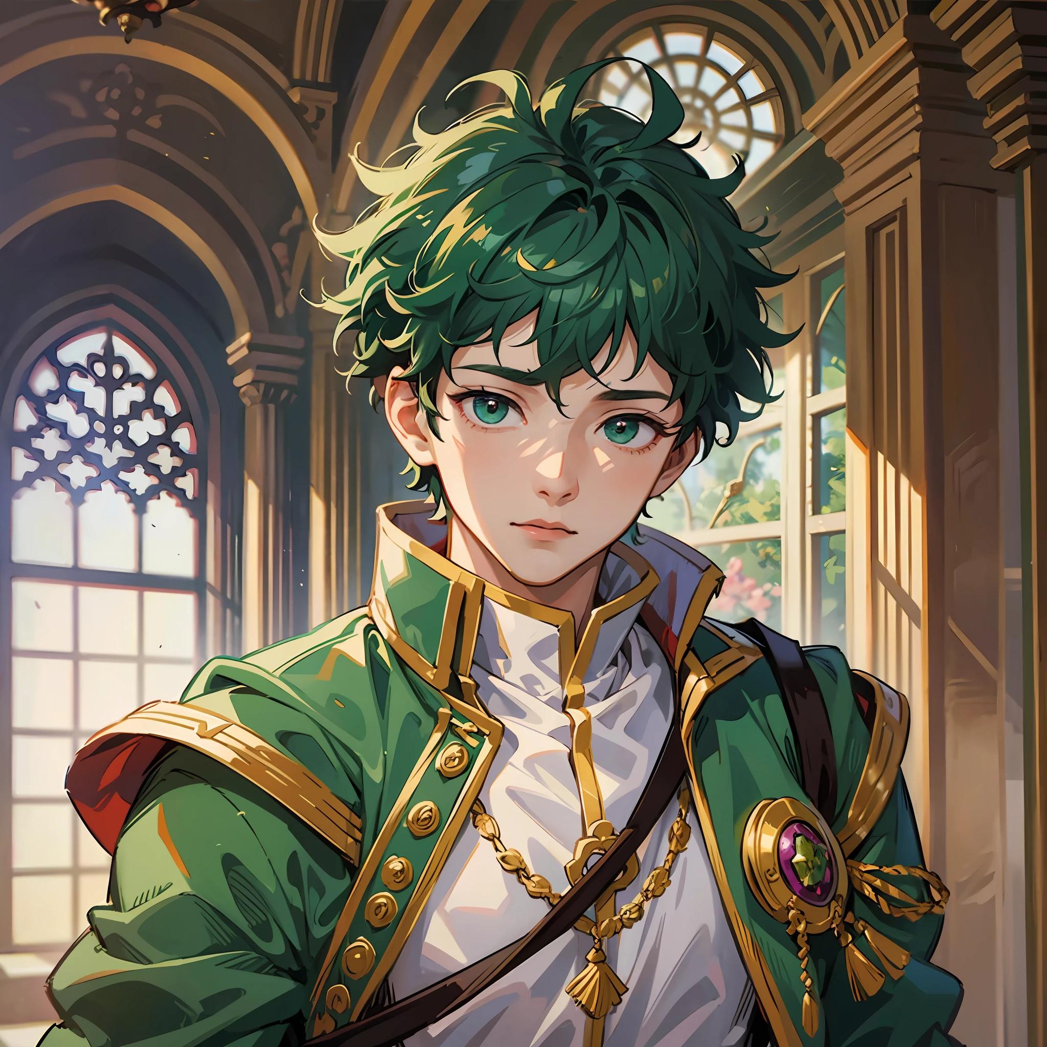 Midoriya Izuku, he is dressed in princely clothes, his face is a little red, it is noted that he is in a medieval palace, his eyes are green, his hair very dark green, his waist is thin although he is a man, high resolution, masterpiece, total focus on him. --auto --s2
