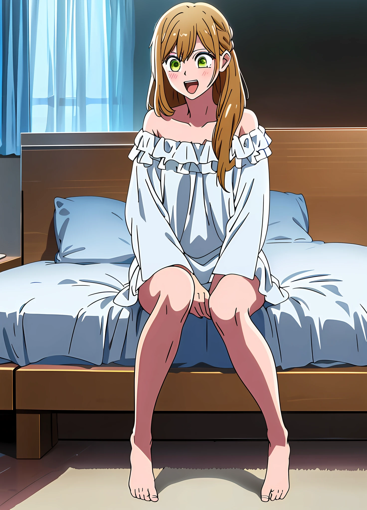 masterpiece, best quality, kinoshitaakane, 1girl, female college student, happy, open mouth, upper teeth, bare legs, from side, pijama, off shoulder, liying on bed, night, window, bed, room, inroom, akane kinoshita, playing games