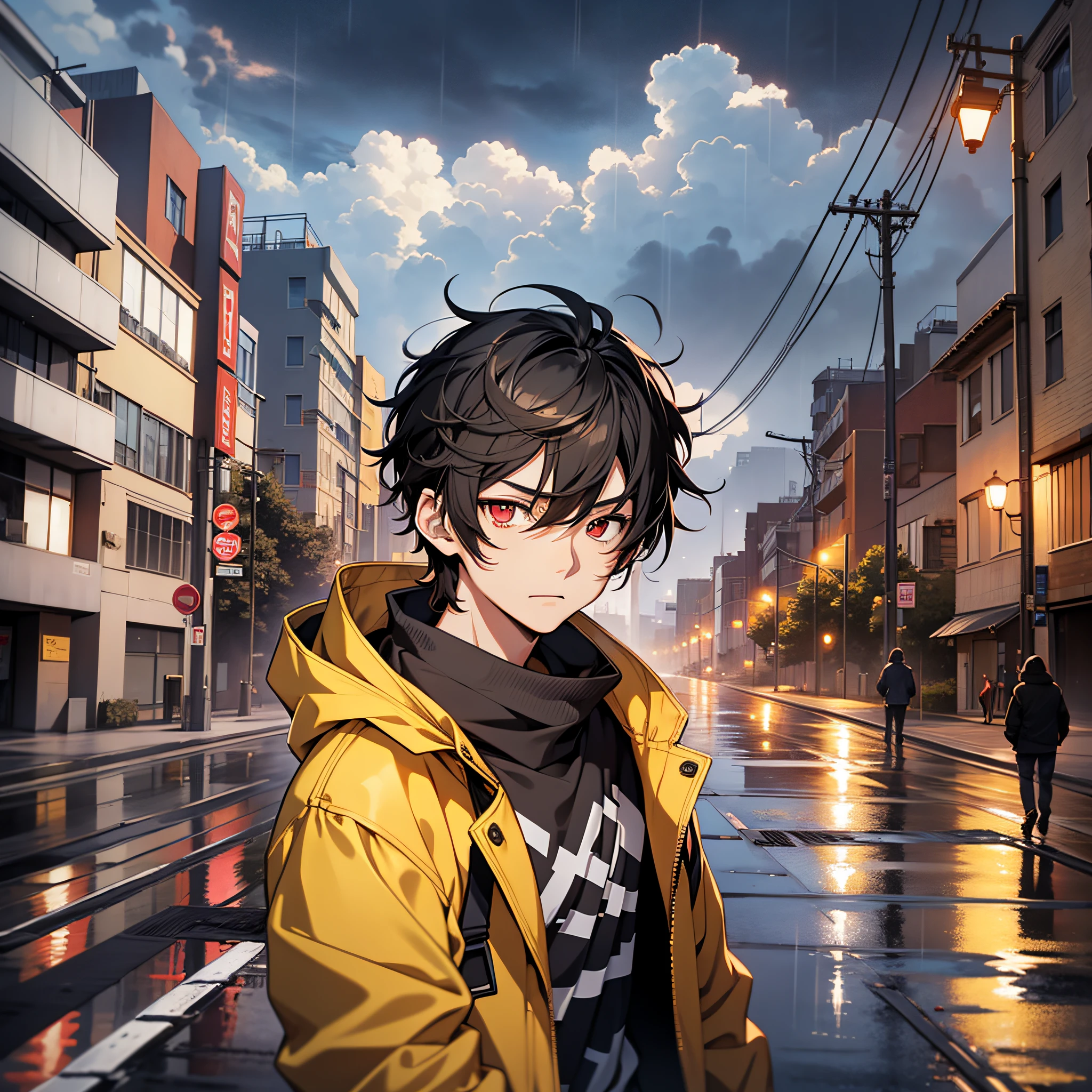 anime, anime style, young boy, , red eyes, yellow raincoat, in a city, near a bridge, black hair, cloudy and slightly rainy weather, detailed face, shy expression, masterpiece, best quality, 4k