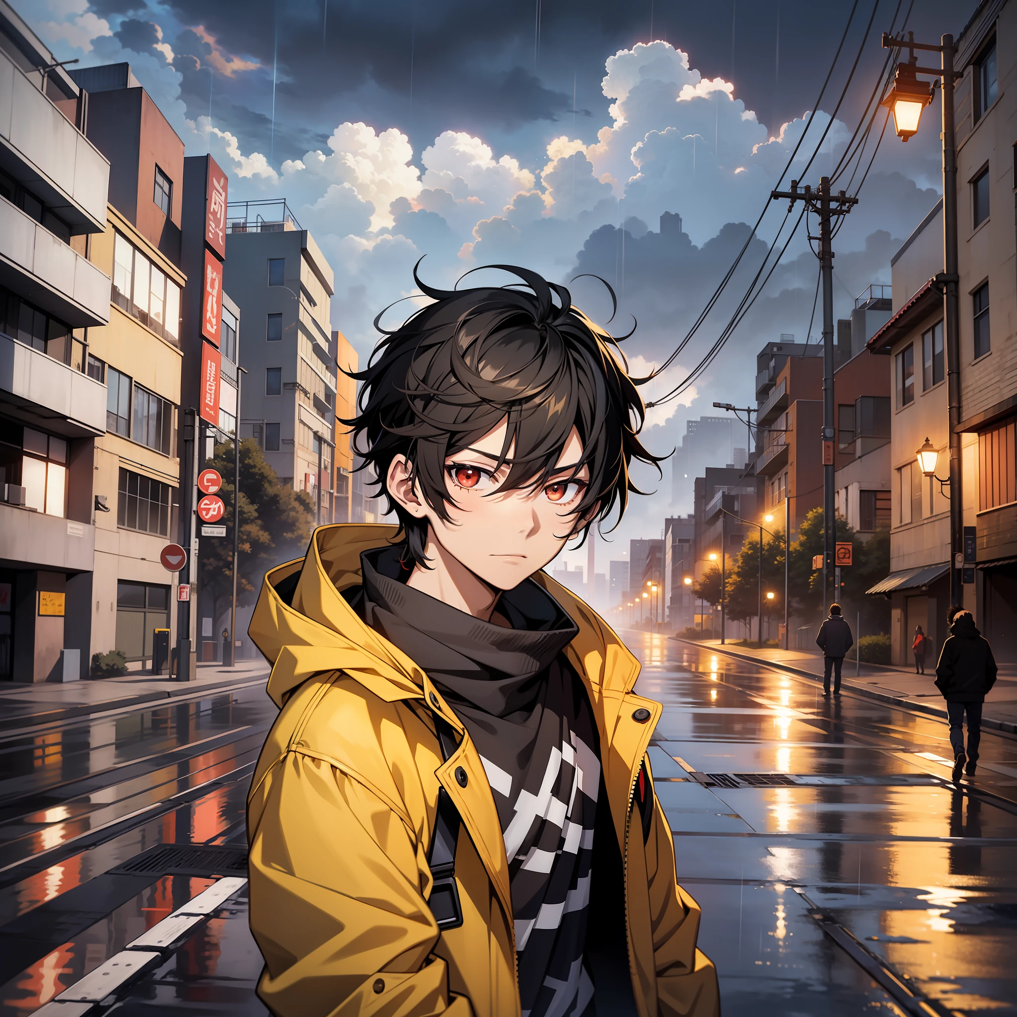 anime, anime style, young boy, 17 years old, red eyes, yellow raincoat, in a city, near a bridge, black hair, cloudy and slightly rainy weather, detailed face, shy expression, masterpiece, best quality, 4k