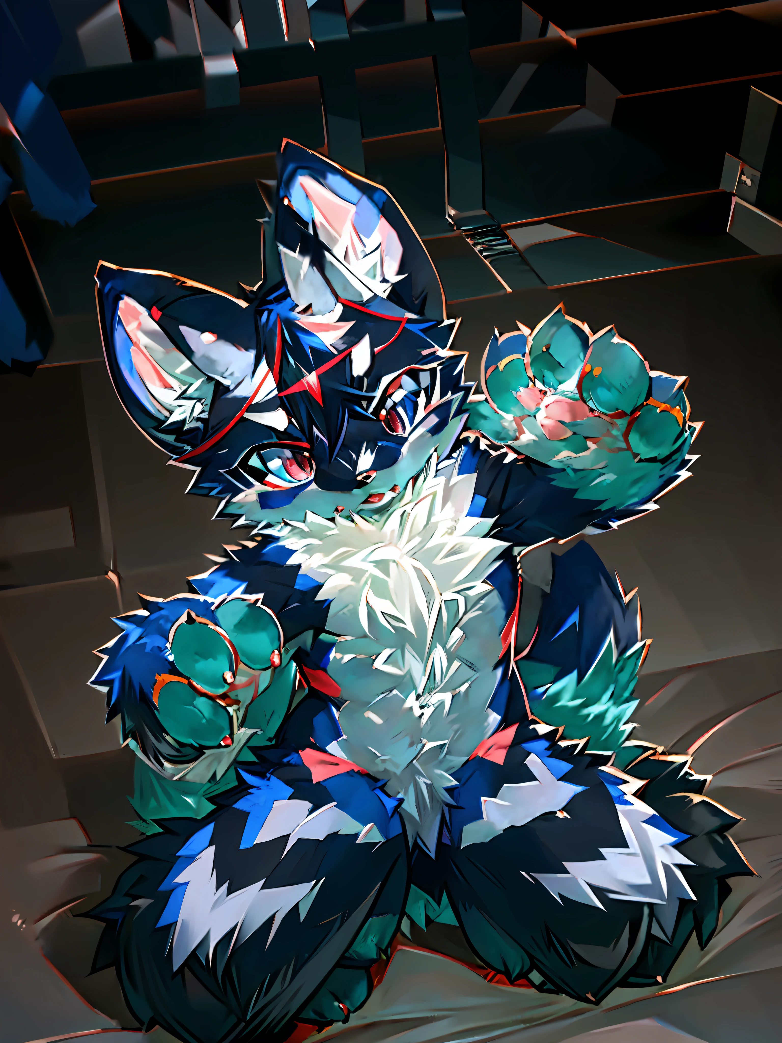 there is a stuffed animal that is sitting on the floor, fursuit, fursuit!!!!, furry character, furry fursona, the furry fursuit is running, showing his paws to viewer, fursona!!!!, furry paws furry, macro furry, portrait of lucario, furry furaffinity, very very beautiful furry art, an anthropomorphic wolf, furry art