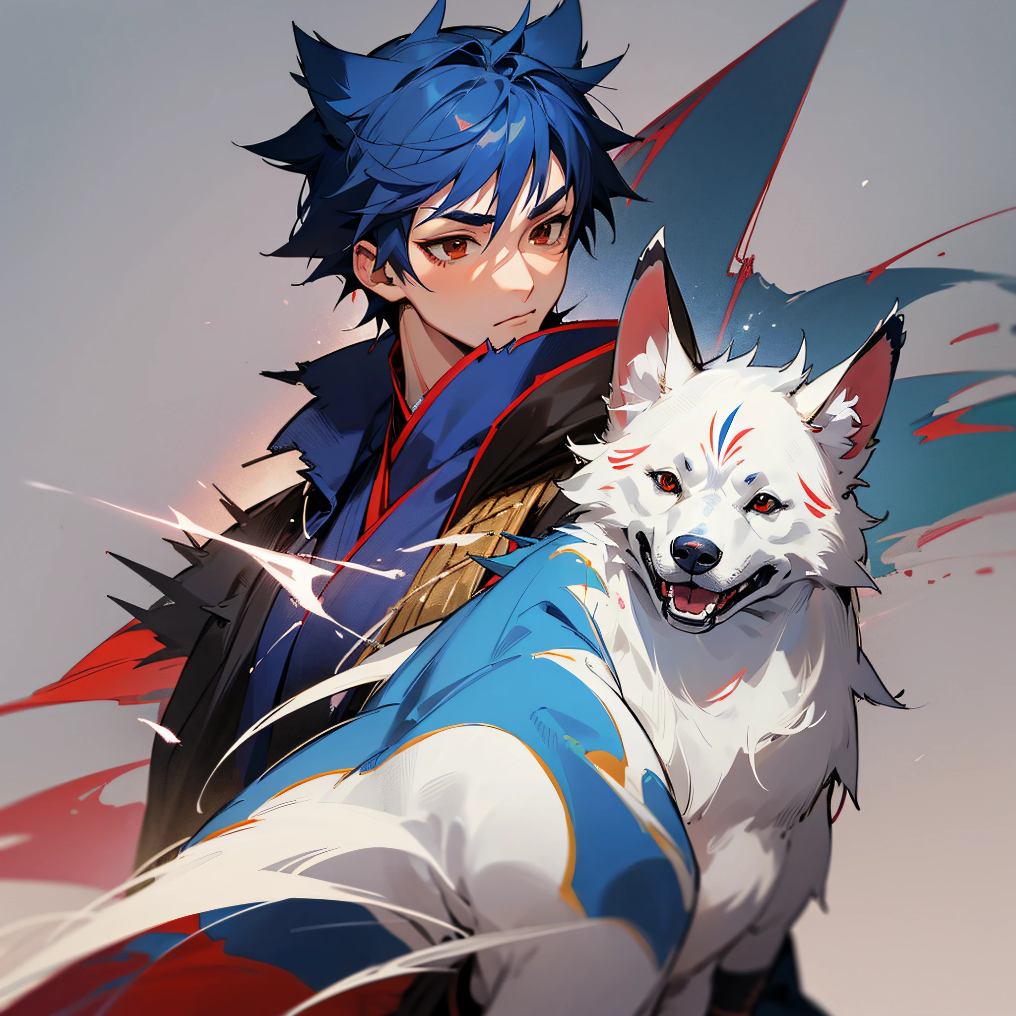 Male character relists anime adduct with short, spiky navy blue colored hair, red tusk marks on both cheeks, brown eyes, long kimono, and a white dog on the shoulder --auto --s2