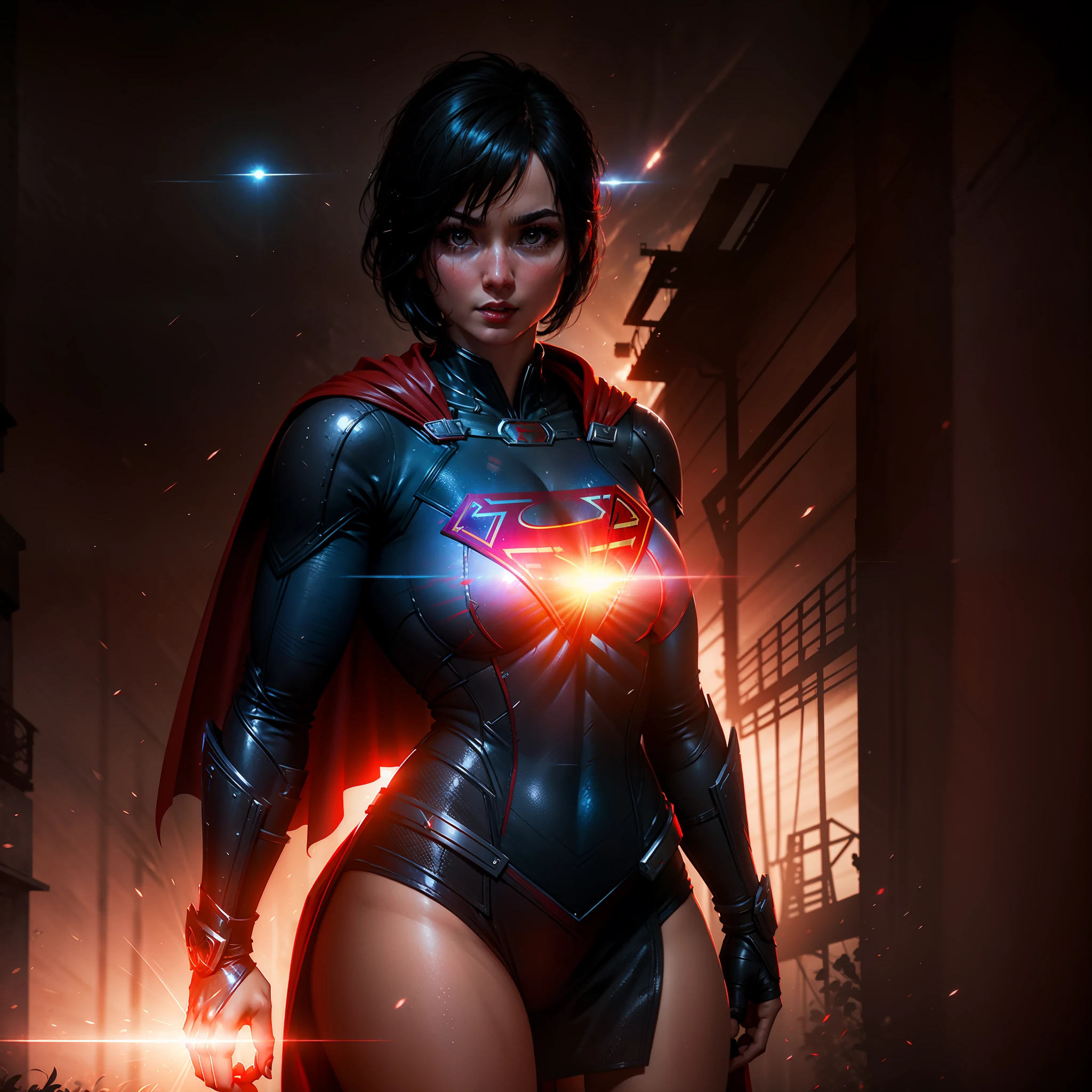 Supergirl, adult woman with short black hair, supergirl cosplay, long red cape on the back, perfect and gorgeous face, unreal engine 5, 8k.