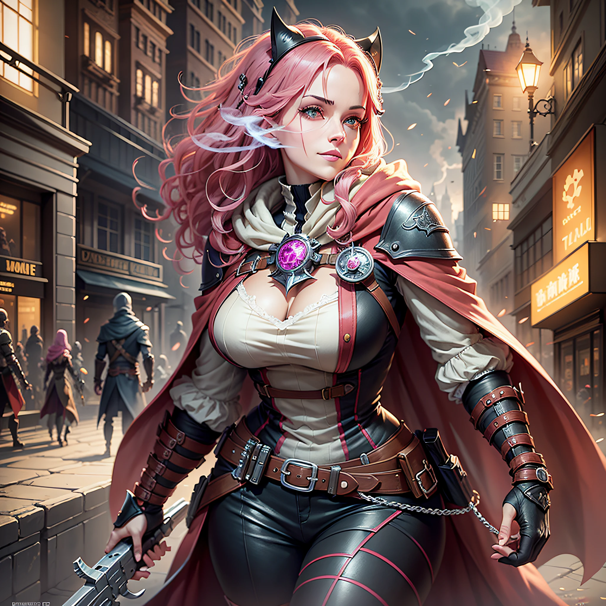 fullbody, A young woman with curly pink hair, detailed light rose eyes, smiling. wears a yellow cloak and mask, holds two guns. in an assassin scene, sparks and smoke around her. watching with charm and wit. detailed effects, blur, masterpiece, detailed textures and pixels, ultra detailed skin textures, perfect body. 8k resolution, by Madhouse studio. “Assassin Perfect World”. trending on pinterest. perfect high-quality anime illustration.