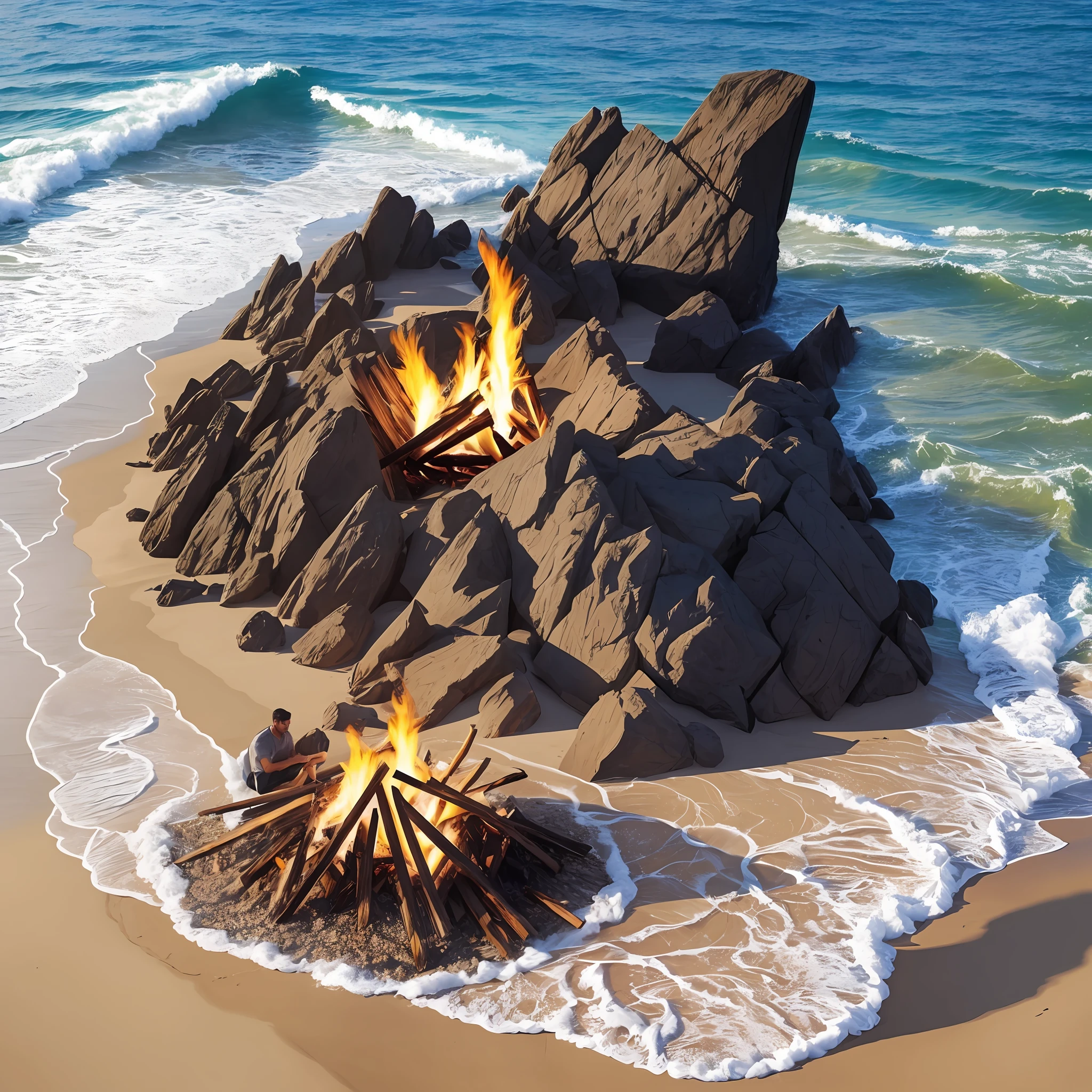 Beautiful man on the beach with a realistic landscape bonfire. --auto --s2