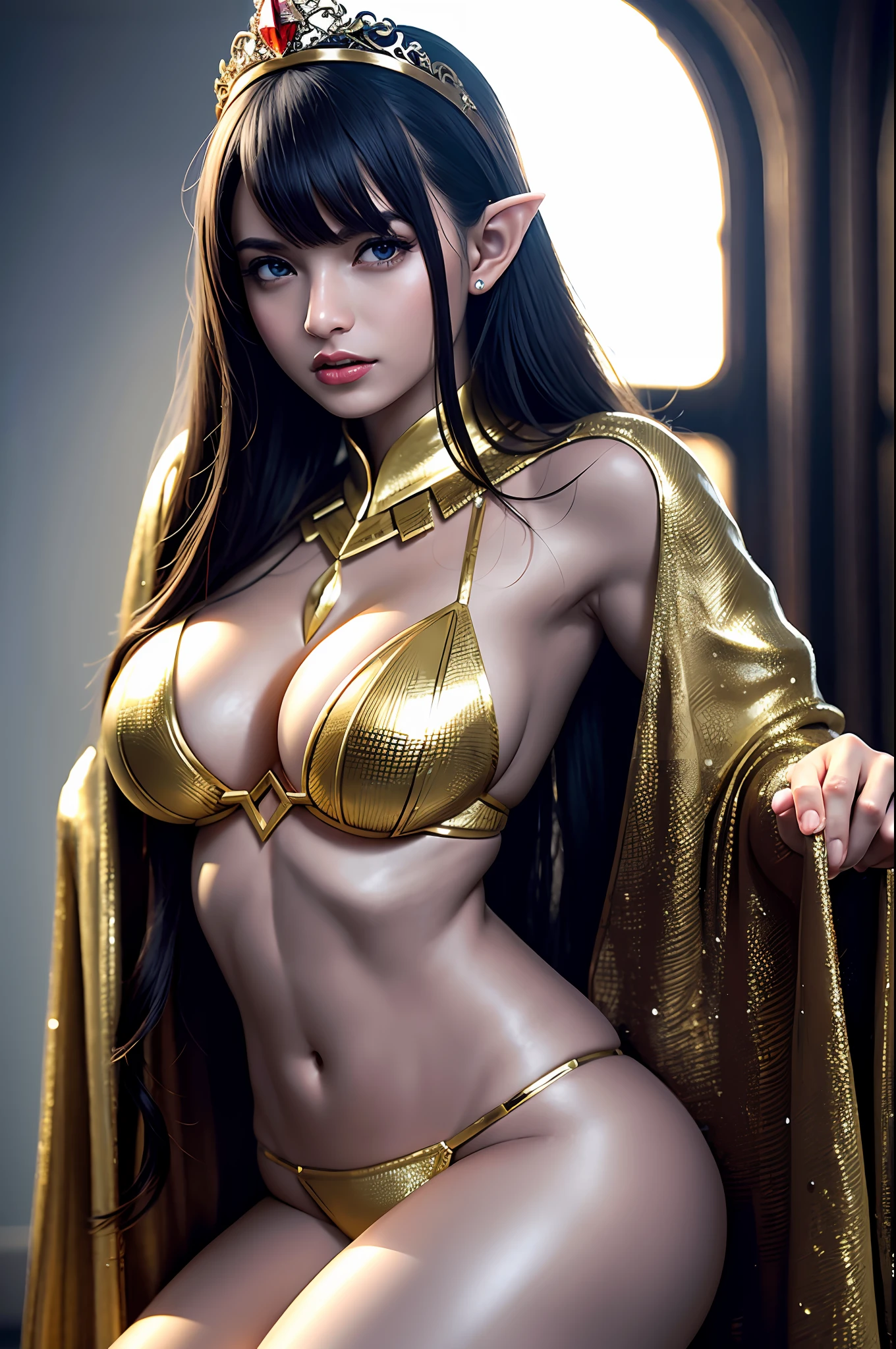 Ultra-detailed complex 3D rendering of the face, (Colossal: 7.8), (masterpiece, top quality, octane rendering, 8K), glamour shot full body image, very beautiful young elf, cleavage, (very detailed skin: 1.2), (exposure: 1.1), brown hair, (skewed silvery micro bikini, : 1.5)), one beautiful Caucasian woman, with full soft breasts and dark skin with big buttocks, Long braided hair, big breasts, dynamic angles, mystical expressions, ultra-realistic photos, ((((portrait))), bare feet, futuristic urban background, facial muscles, detailed and beautiful queen gold crown, in the style of Marvel Comics, ArtStation trends, clear focus, studio photography, intricate details, very detailed, detailed red eyes, very detailed, Sharp Focus, Digital Rendering, Professional, Abs, Dark Grey Background,