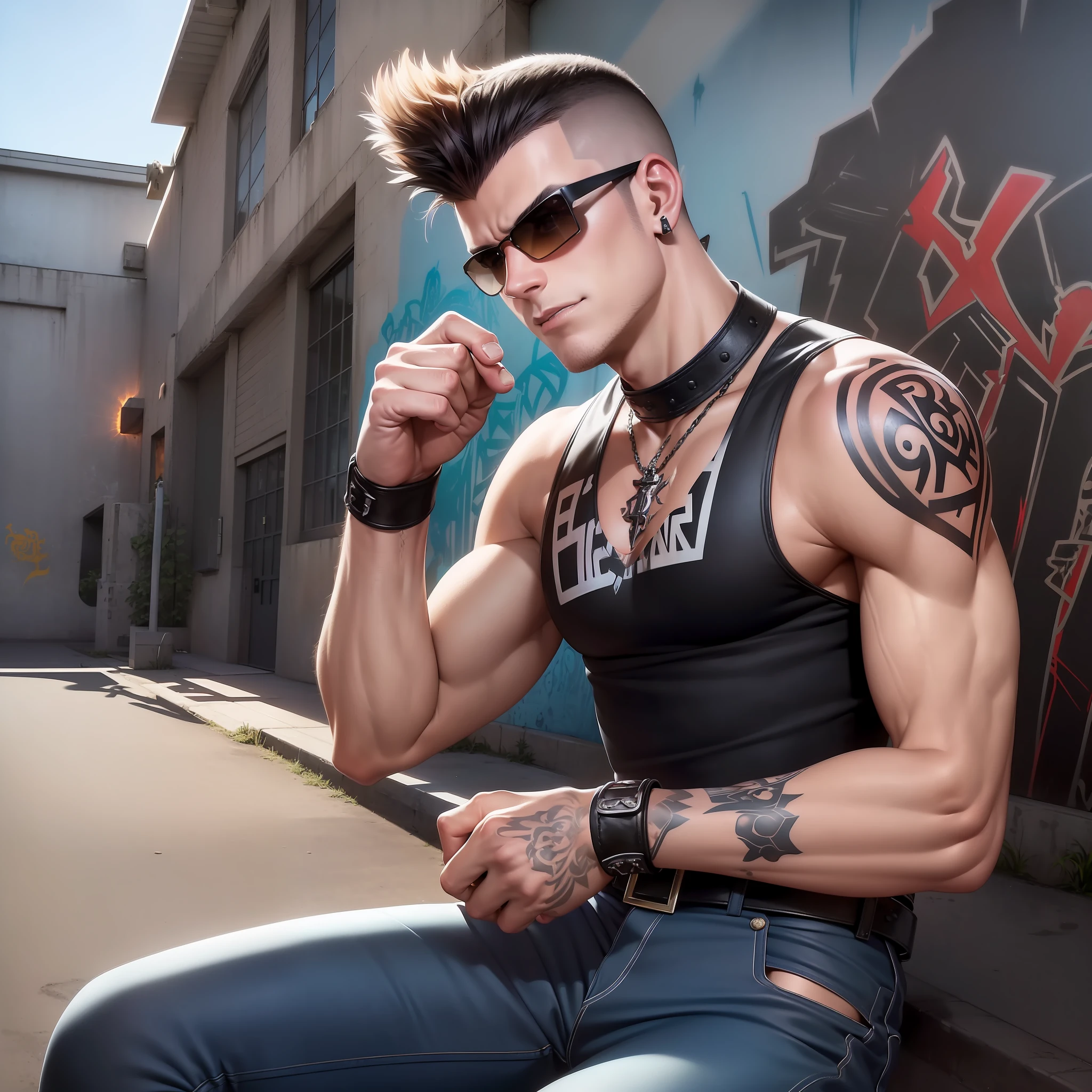 (dramatic illumination, intense color contrast), (solo), (portrait of ung white man with brown mohawk haircut, and blue eyes, wearing black jeans a black sleeveless shirt black boots and sunglasses), (right fist raised), (tattoos on both arms), (outside midcentury modern school building:1.3), (smirk:1.2), (rebel attitude), (in front of graffiti of raised fists)