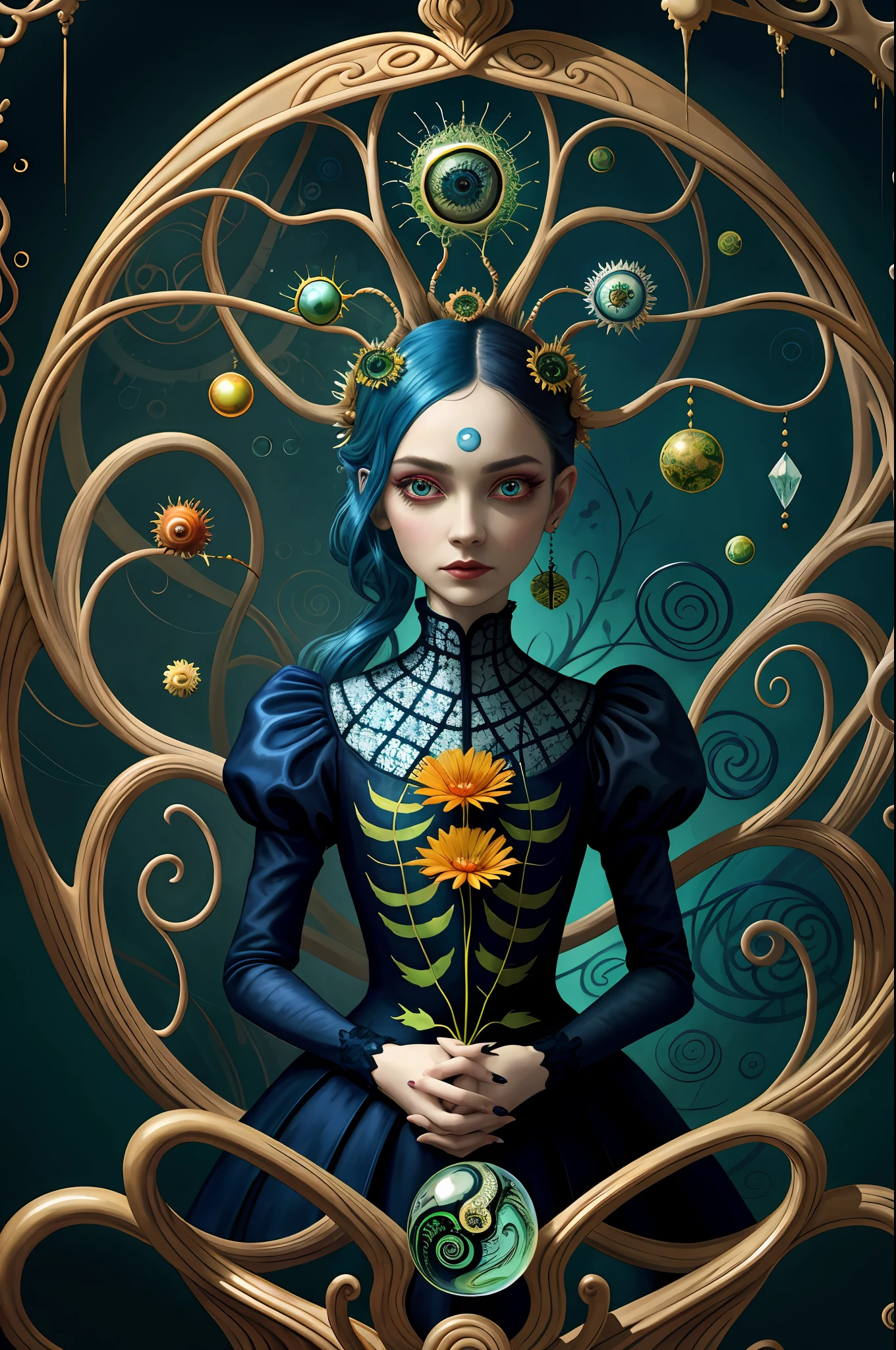 colorpop style, pointy hair, blue skin, natalie shau, mark ryden, alberto seveso, brooke shaden, anna dittmann, flora borsi, yin yang anthill, ant, lily, insect, fern, beautiful full body photo with oil painting, with thick brushstrokes and wet paint, fibonacci, golden ratio, melted wax, visible brushstrokes, surrounded by crystal ball, 3D Mosaic wireframe, neural graphics, neurons, tree of life, color, love, passion, oil on canvas, thick brush strokes, crazy details, 8k uhd, masterpiece, art station, surrealism
