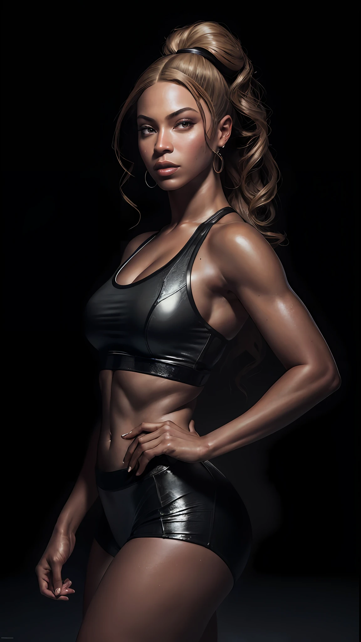 8k portrait of Beyoncé muscle, gym clothes, intricate, 35 years, gym background, full body, looking at the camera, elegant, (black eyes), highly detailed, majestic, digital photography, art by artgerm and ruan jia and greg rutkowski, broken glass around (masterpiece, side lighting, beautiful finely detailed eyes: 1.2 ), hdr